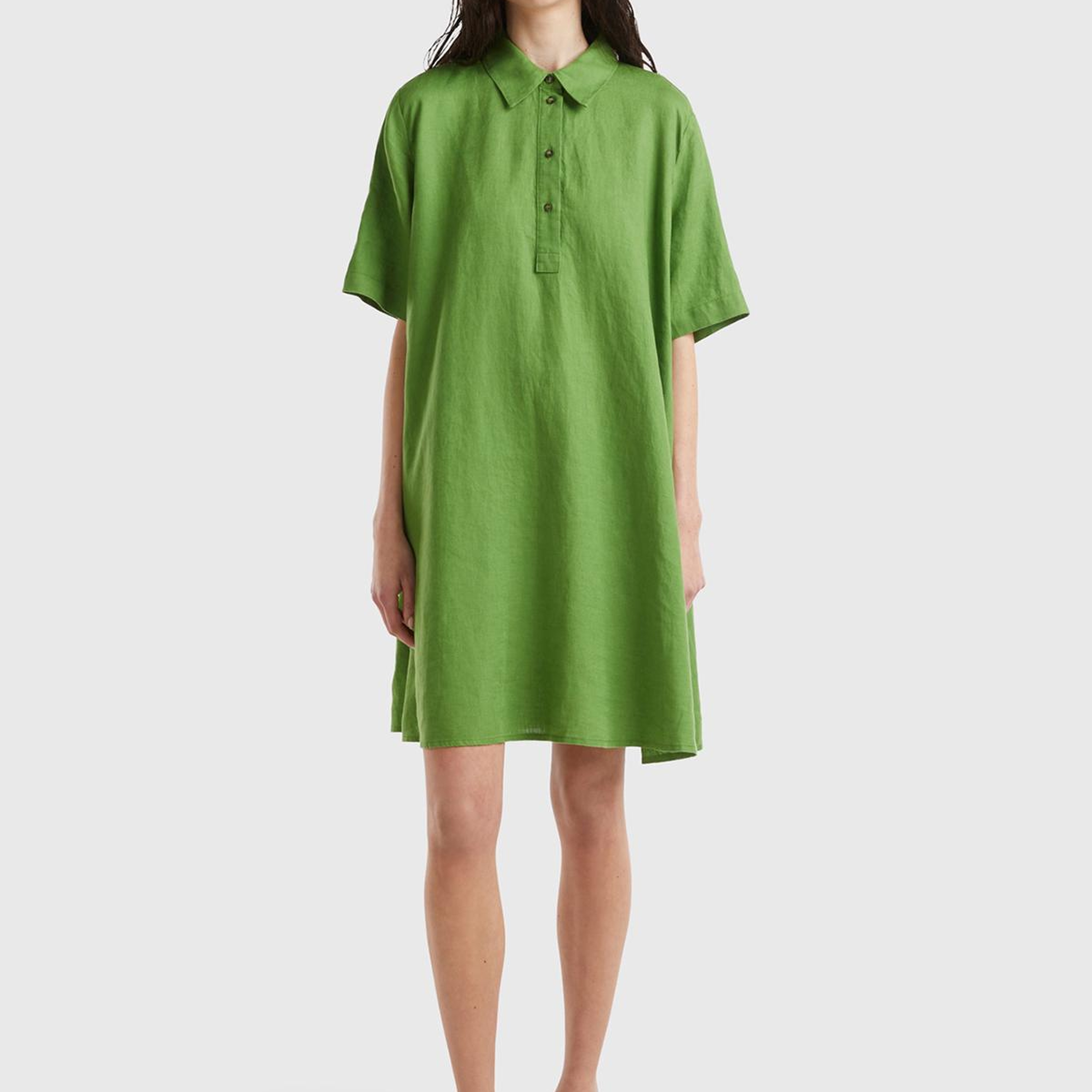 Kadın Soluk Yeşil %100 Keten Düğmeli Gömlek Yaka Hafif Bol Kesim Elbise