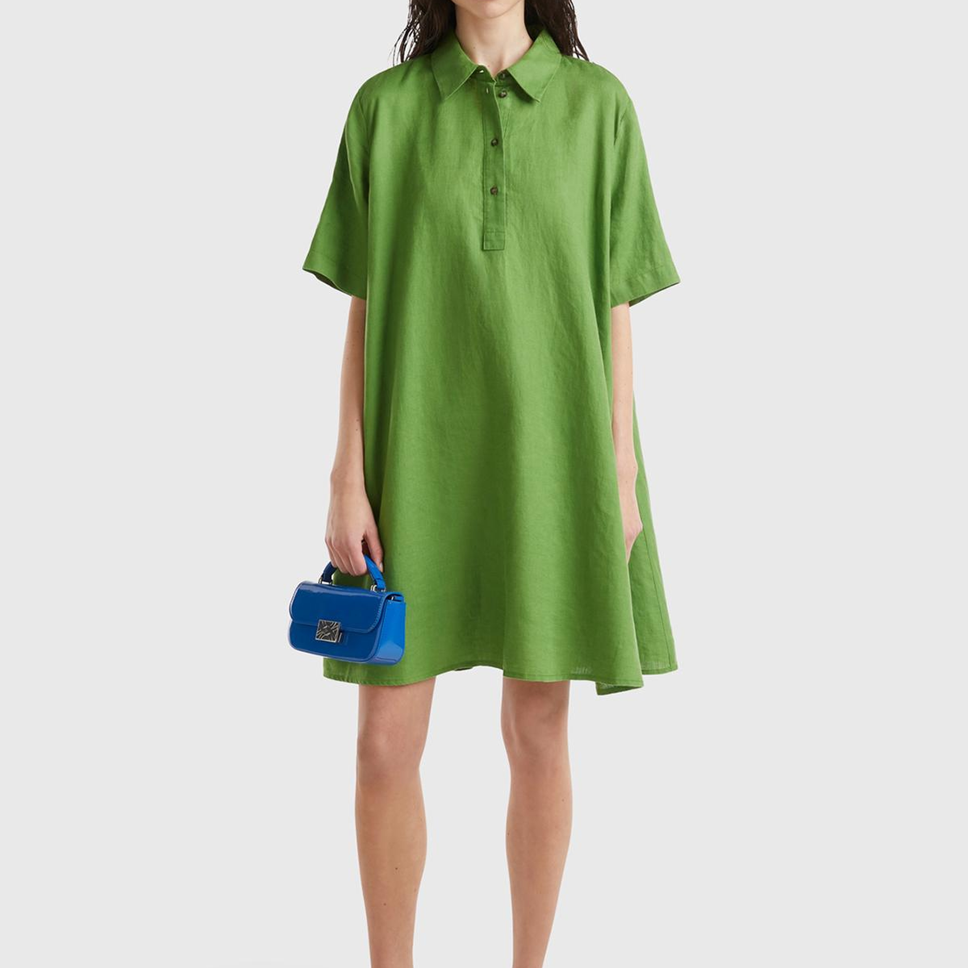 Kadın Soluk Yeşil %100 Keten Düğmeli Gömlek Yaka Hafif Bol Kesim Elbise