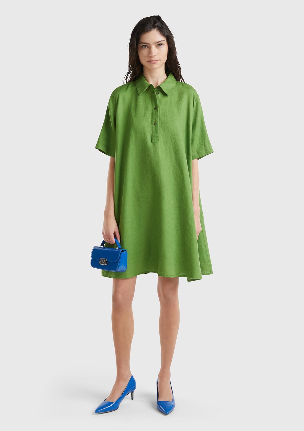 Kadın Soluk Yeşil %100 Keten Düğmeli Gömlek Yaka Hafif Bol Kesim Elbise