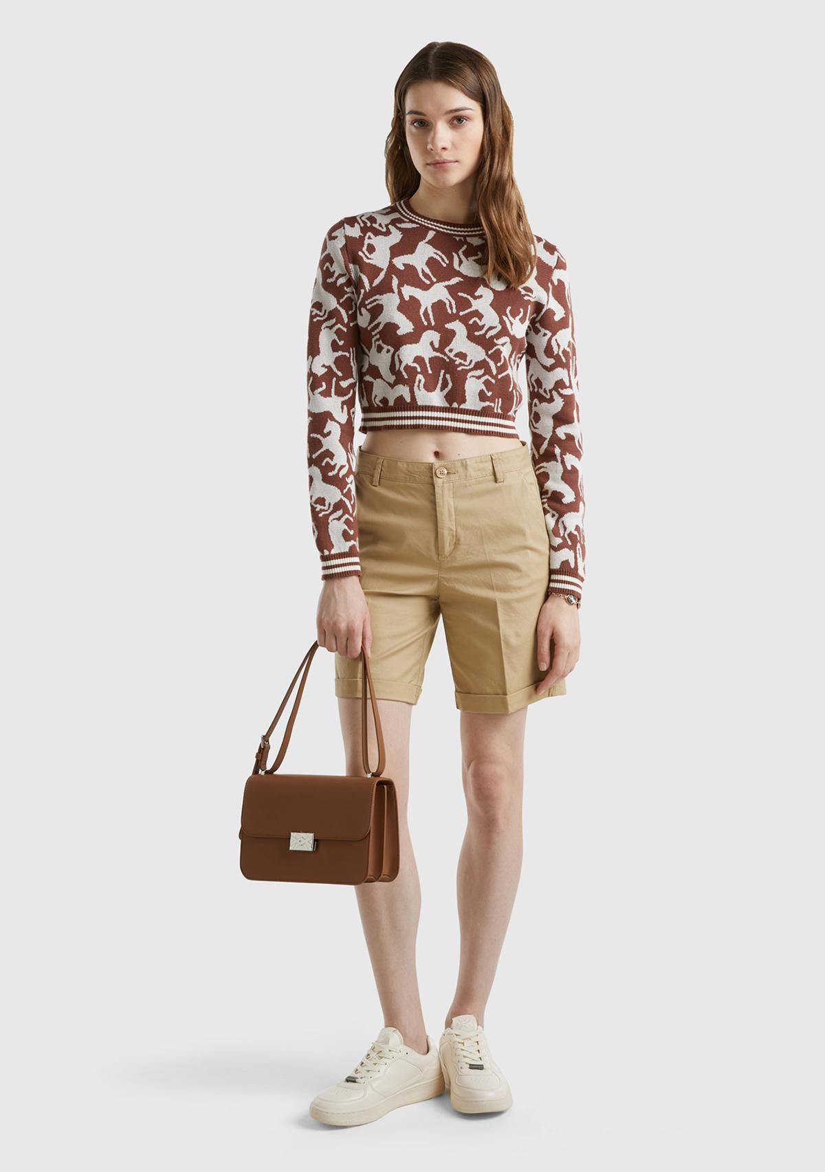 Kadın Bej %100 Koton Chino Bermuda