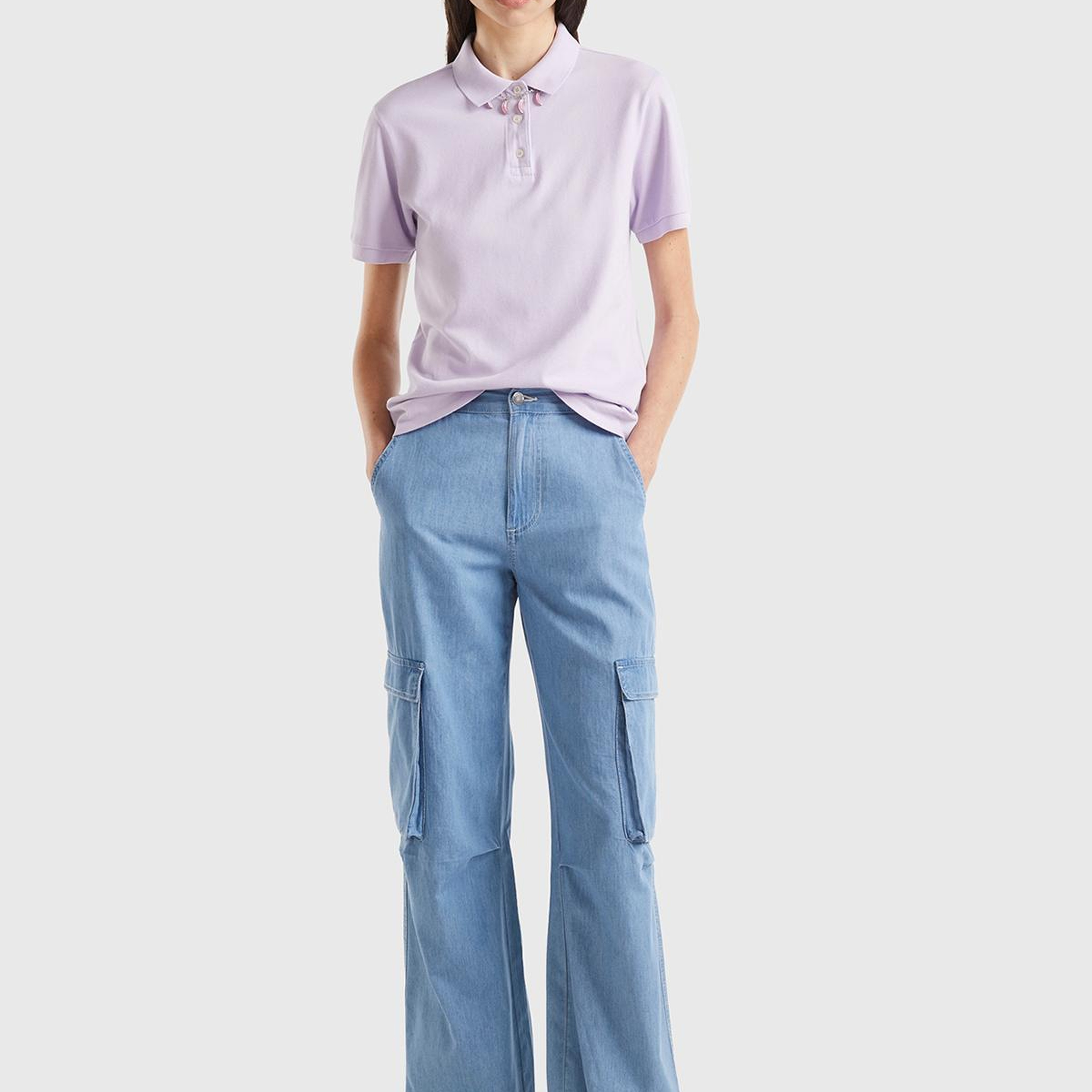 Kadın Mavi %100 Pamuk Yama Cepli Kemer Delikli Denim Kargo Pantolon