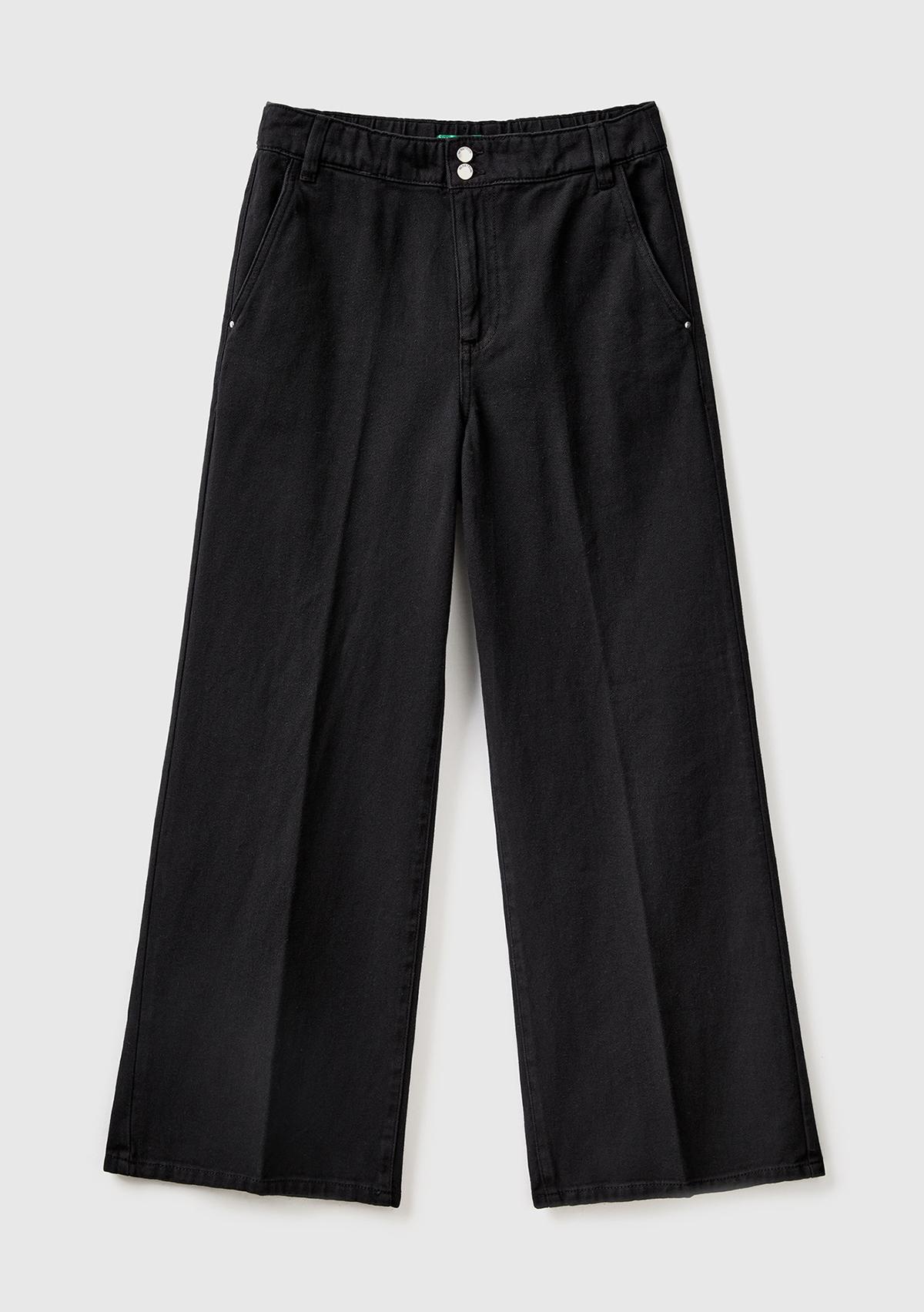 Kadın Siyah Beli Lastikli Geniş Paça Denim Pantolon