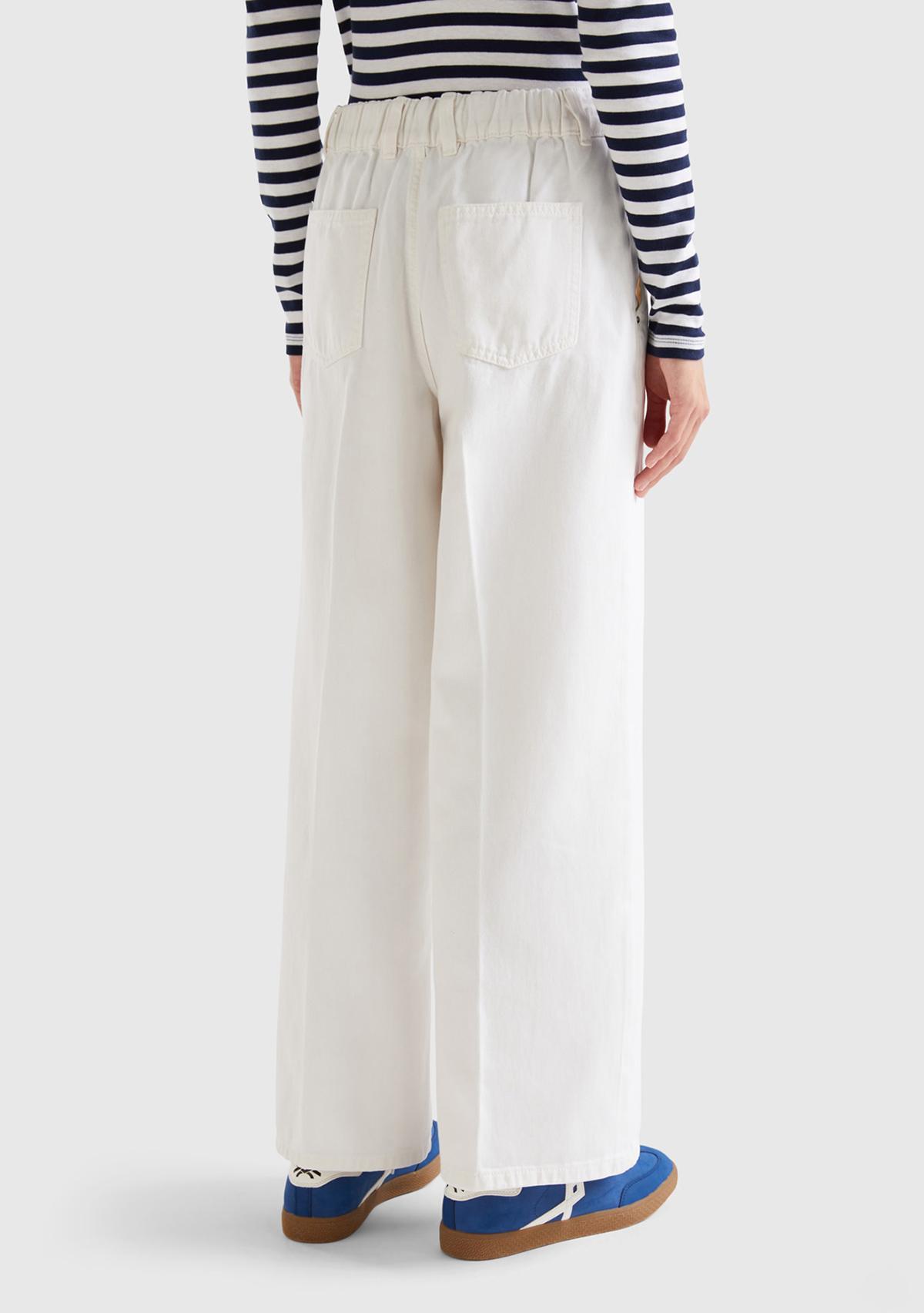 Kadın Beyaz Beli Lastikli Geniş Paça Denim Pantolon