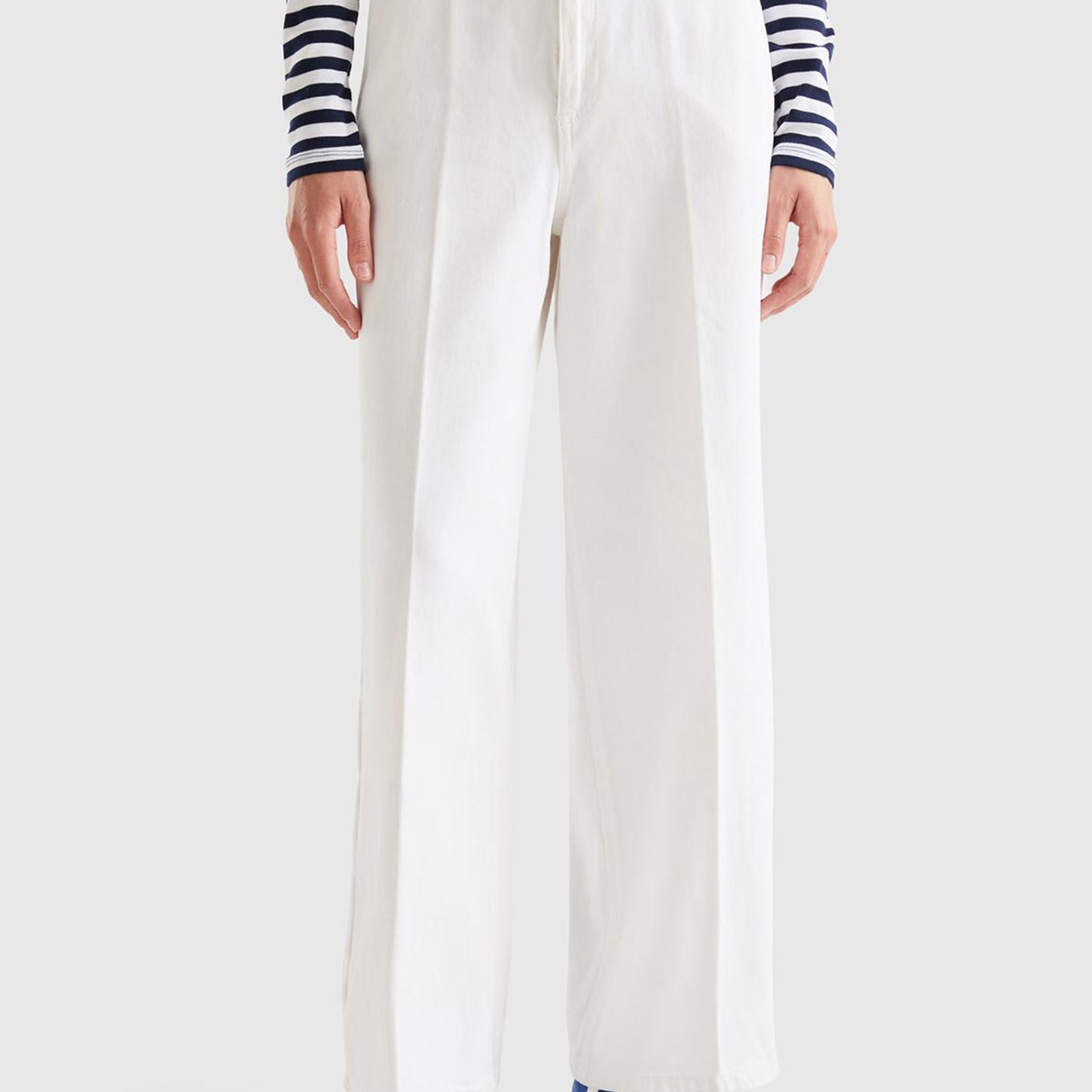 Kadın Beyaz Beli Lastikli Geniş Paça Denim Pantolon