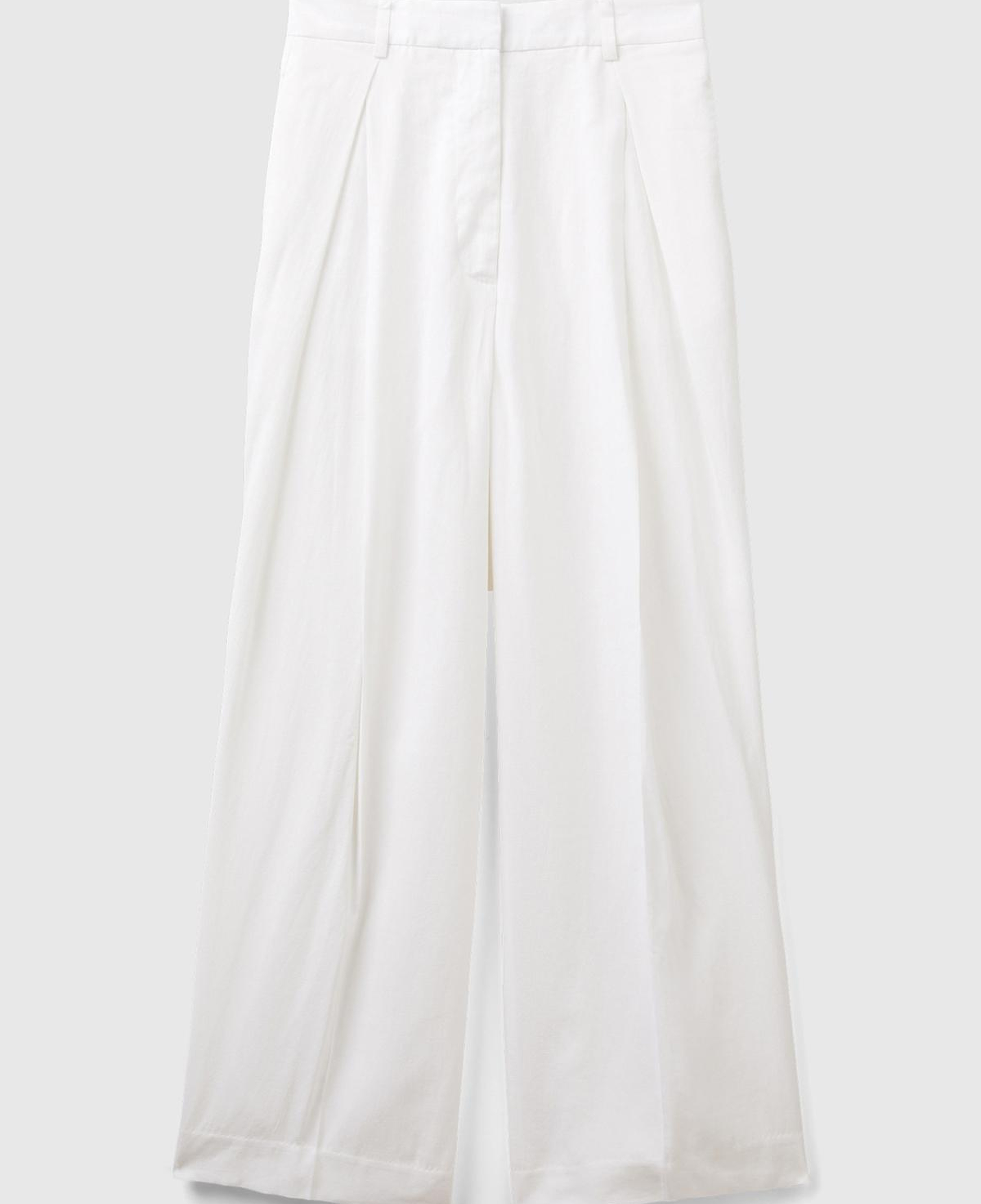 Kadın Beyaz Liyosel ve Keten Karışımlı Önü Pilili Pantolon