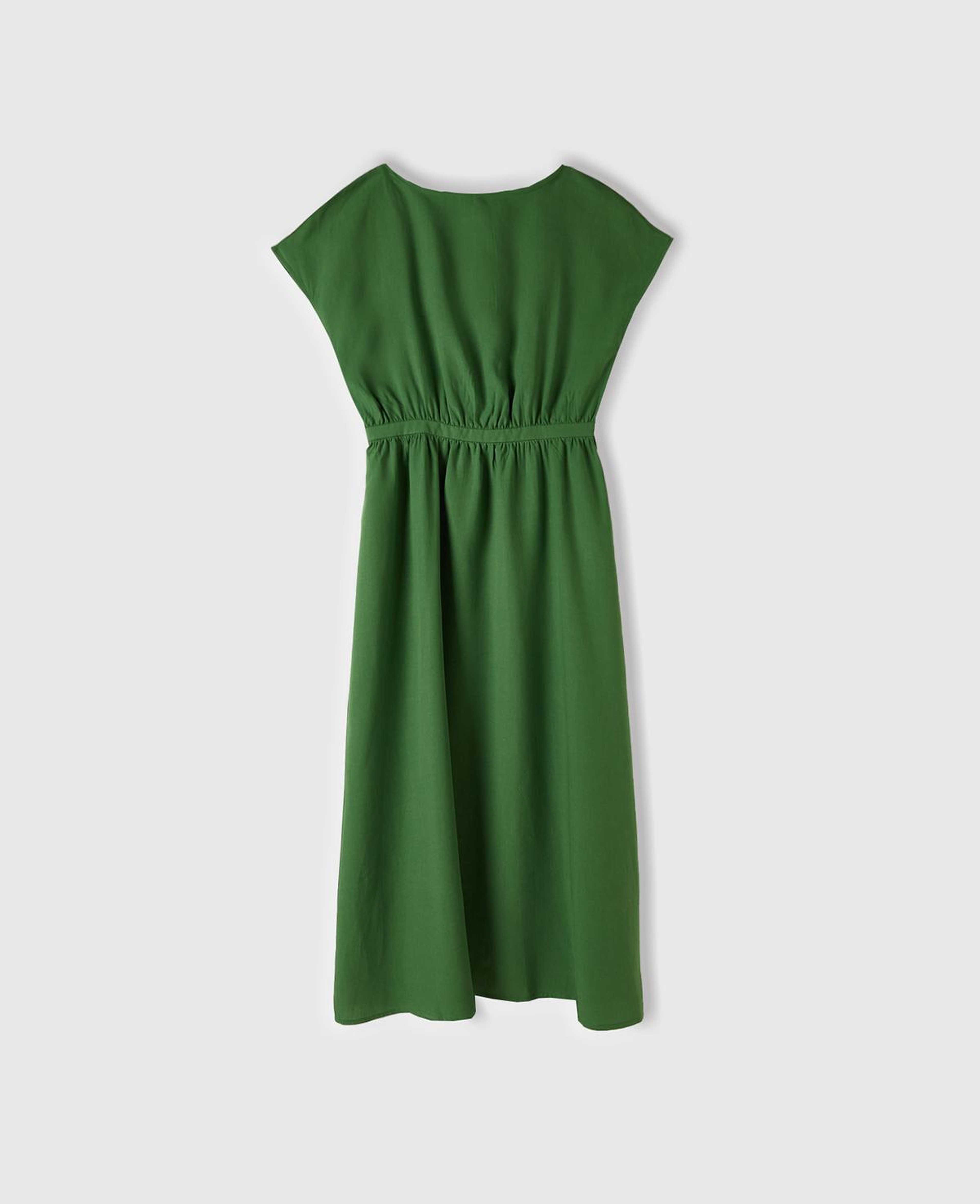 Kadın Soluk Yeşil Liyosel ve Keten Karışımlı Beli Büzgülü Kayık Yaka Elbise