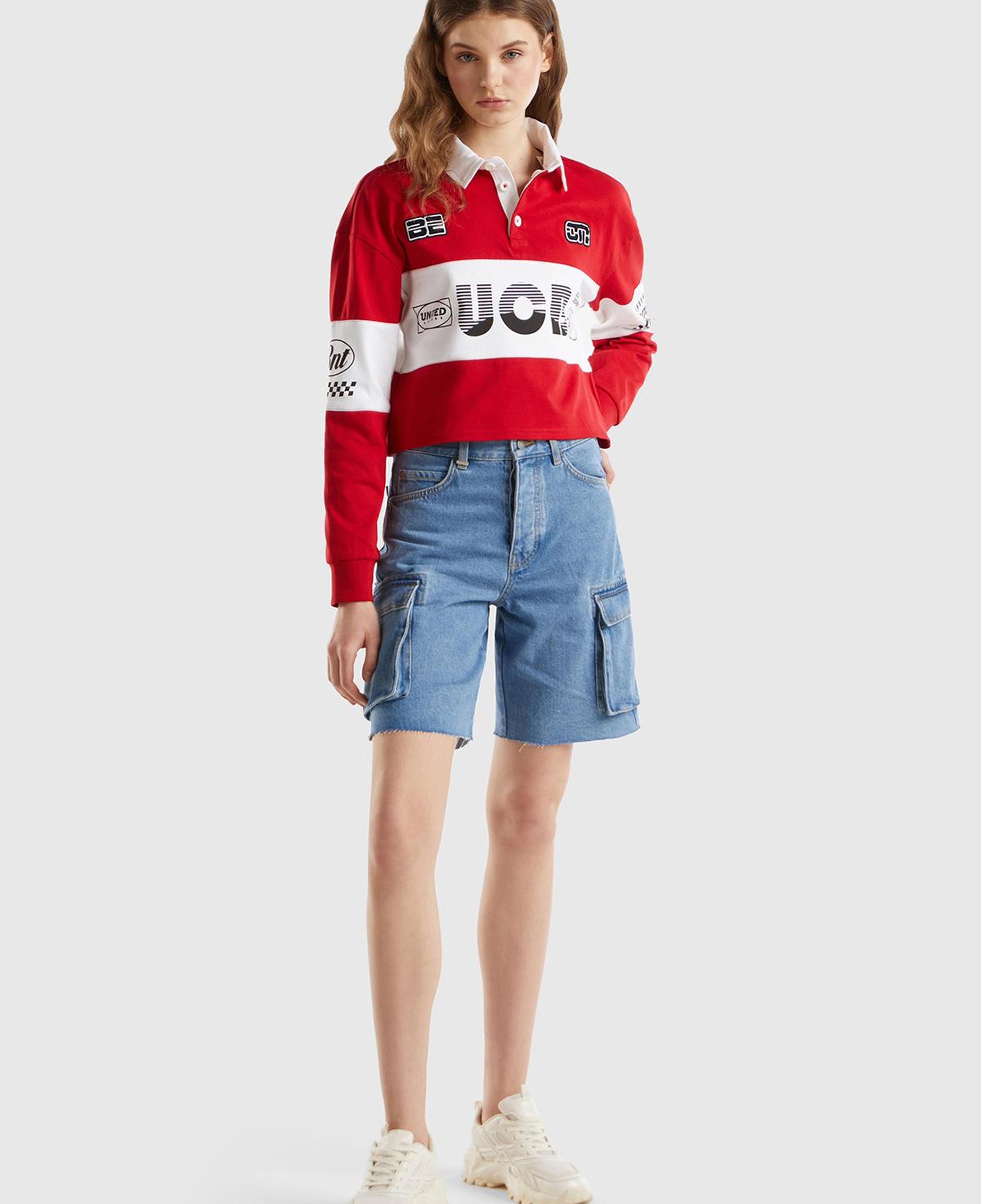 Kadın Mavi %100 Pamuk Arkası Logo Detaylı 5 Cepli Kargo Şort