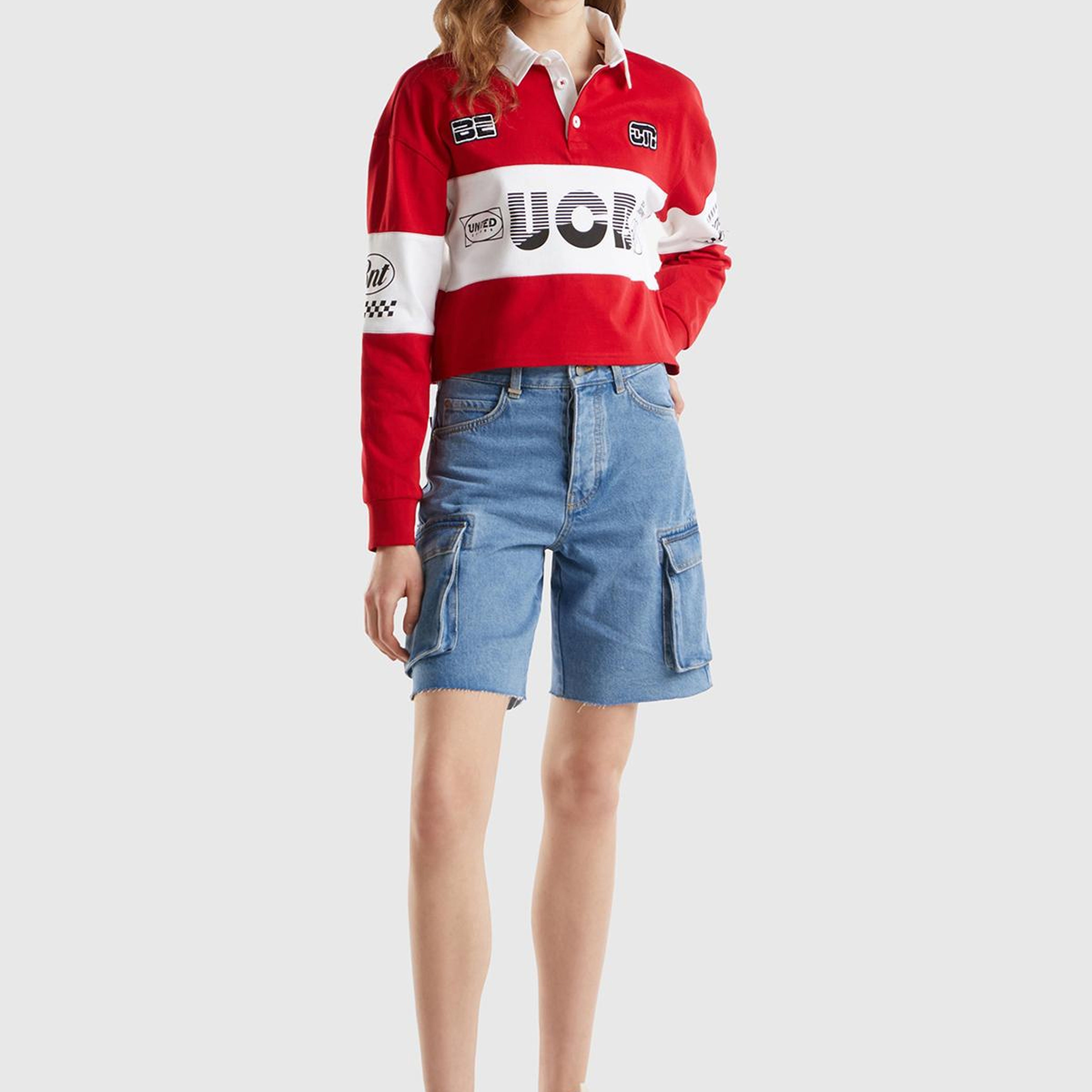 Kadın Mavi %100 Pamuk Arkası Logo Detaylı 5 Cepli Kargo Şort