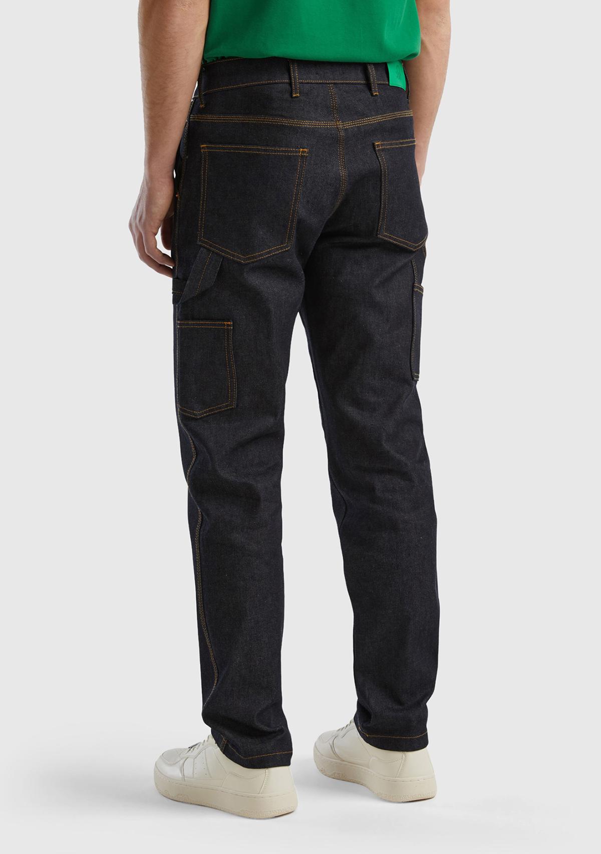 Erkek Lacivert Arkası Logo Detaylı 7 Cepli Denim Kargo Pantolon