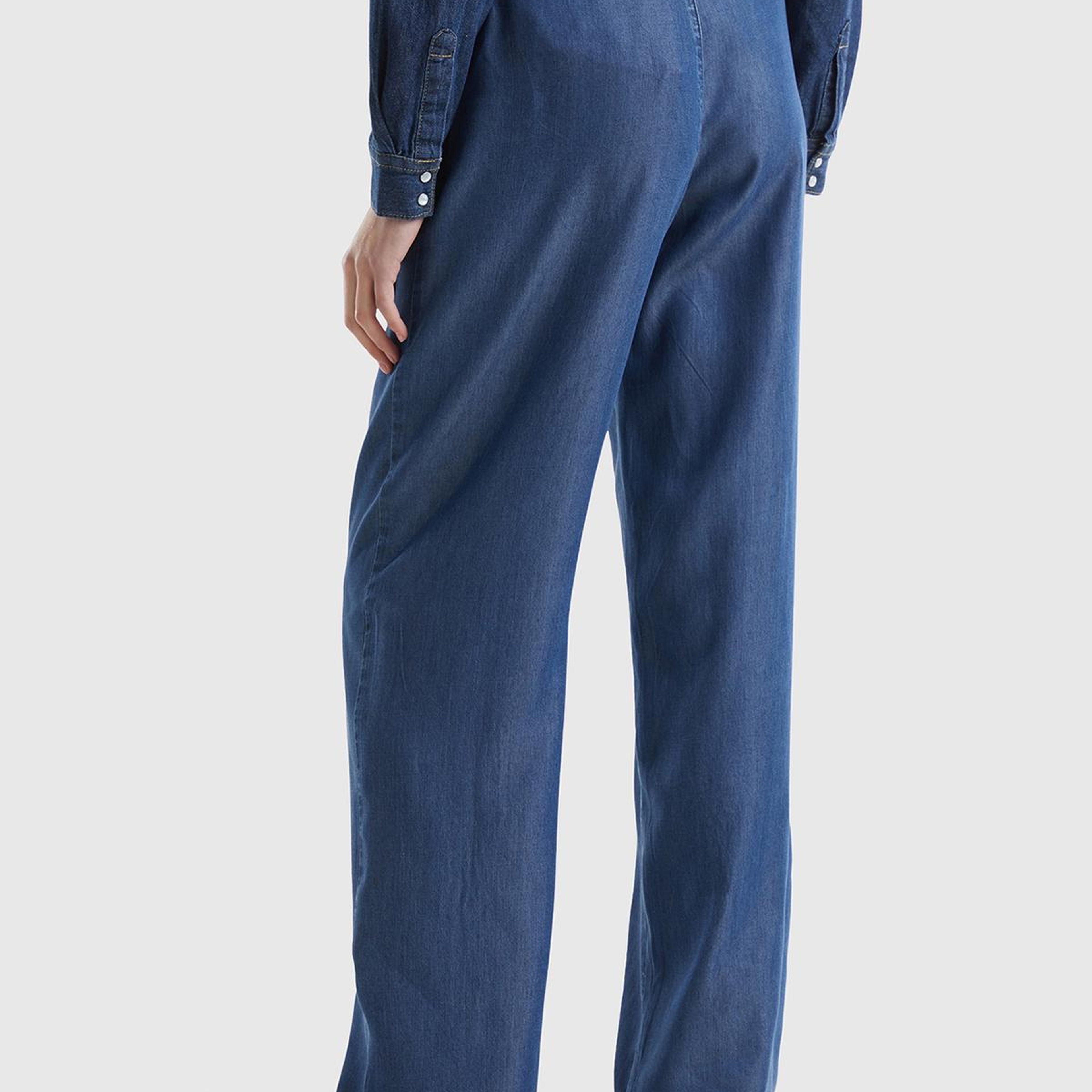 Kadın İndigo %100 Liyosel Kemer Delikli Beli İpli Geniş Paça Pantolon