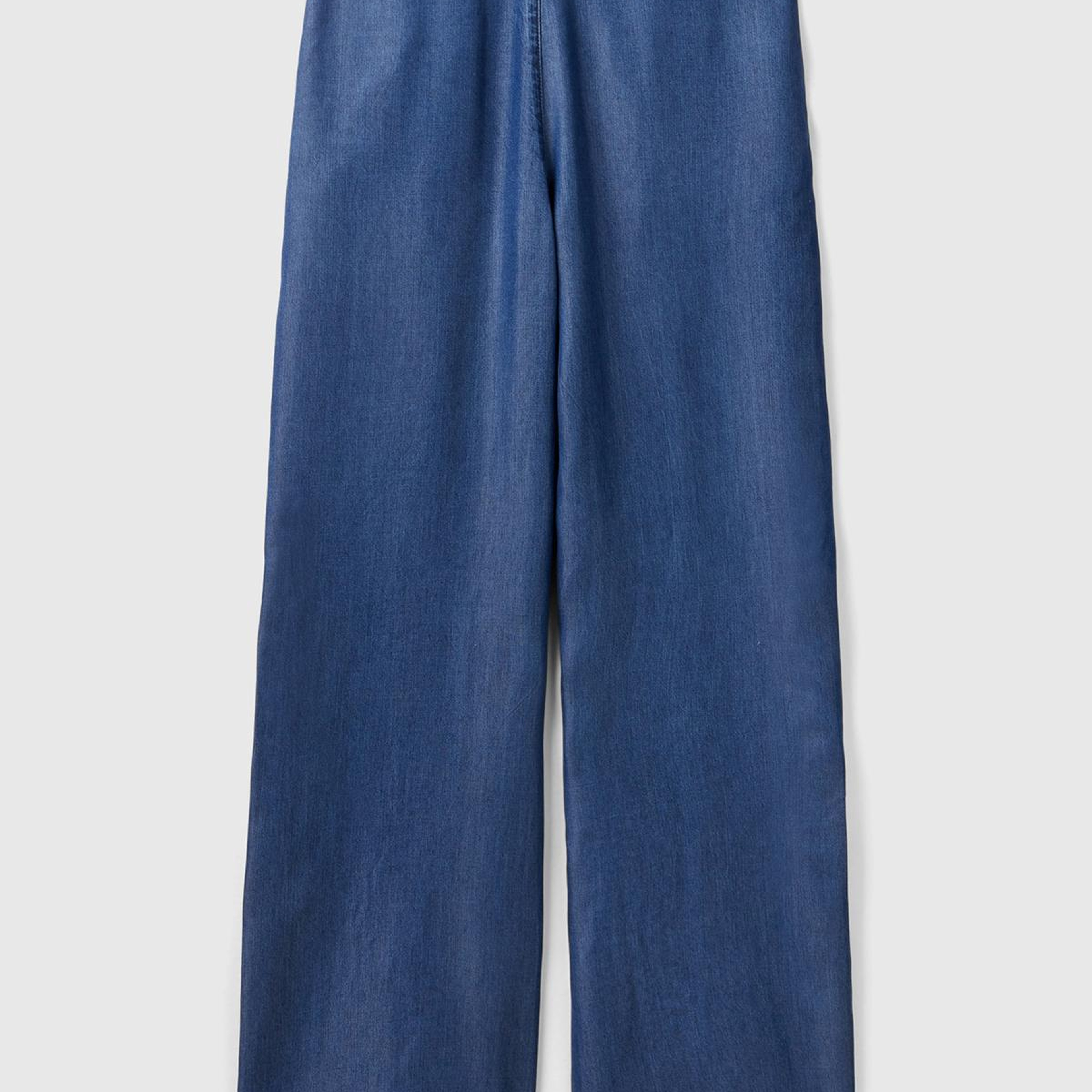 Kadın İndigo %100 Liyosel Kemer Delikli Beli İpli Geniş Paça Pantolon