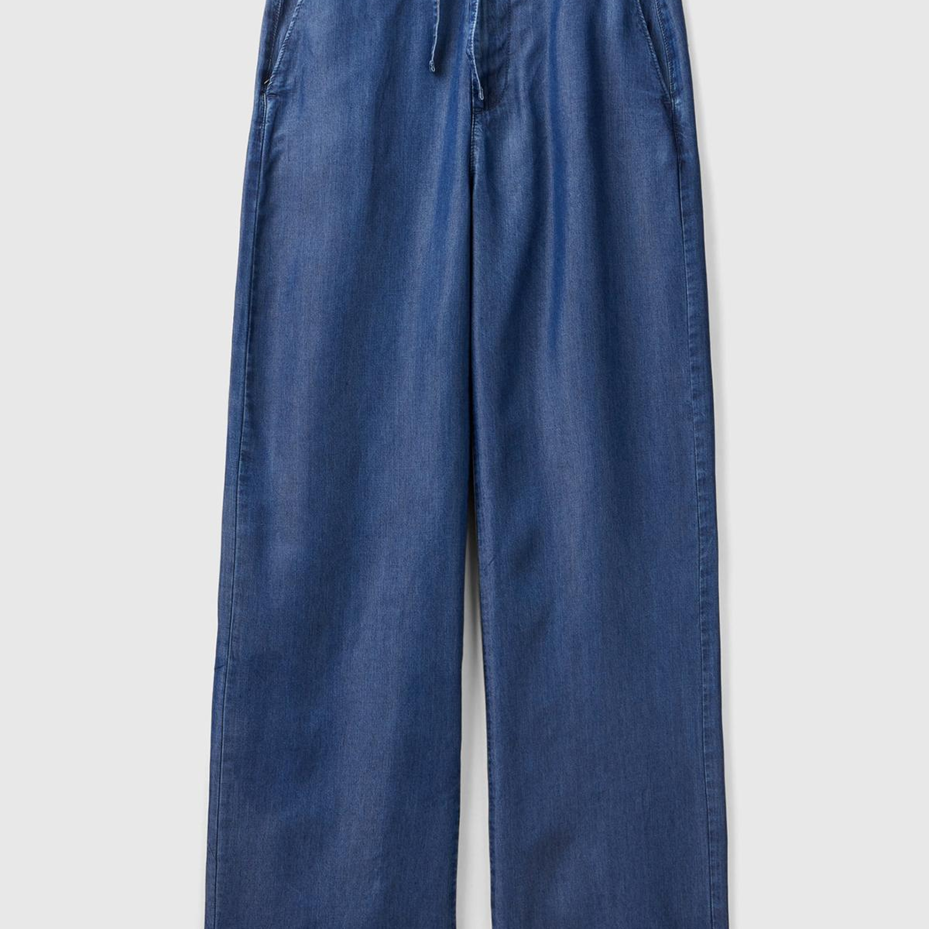 Kadın İndigo %100 Liyosel Kemer Delikli Beli İpli Geniş Paça Pantolon