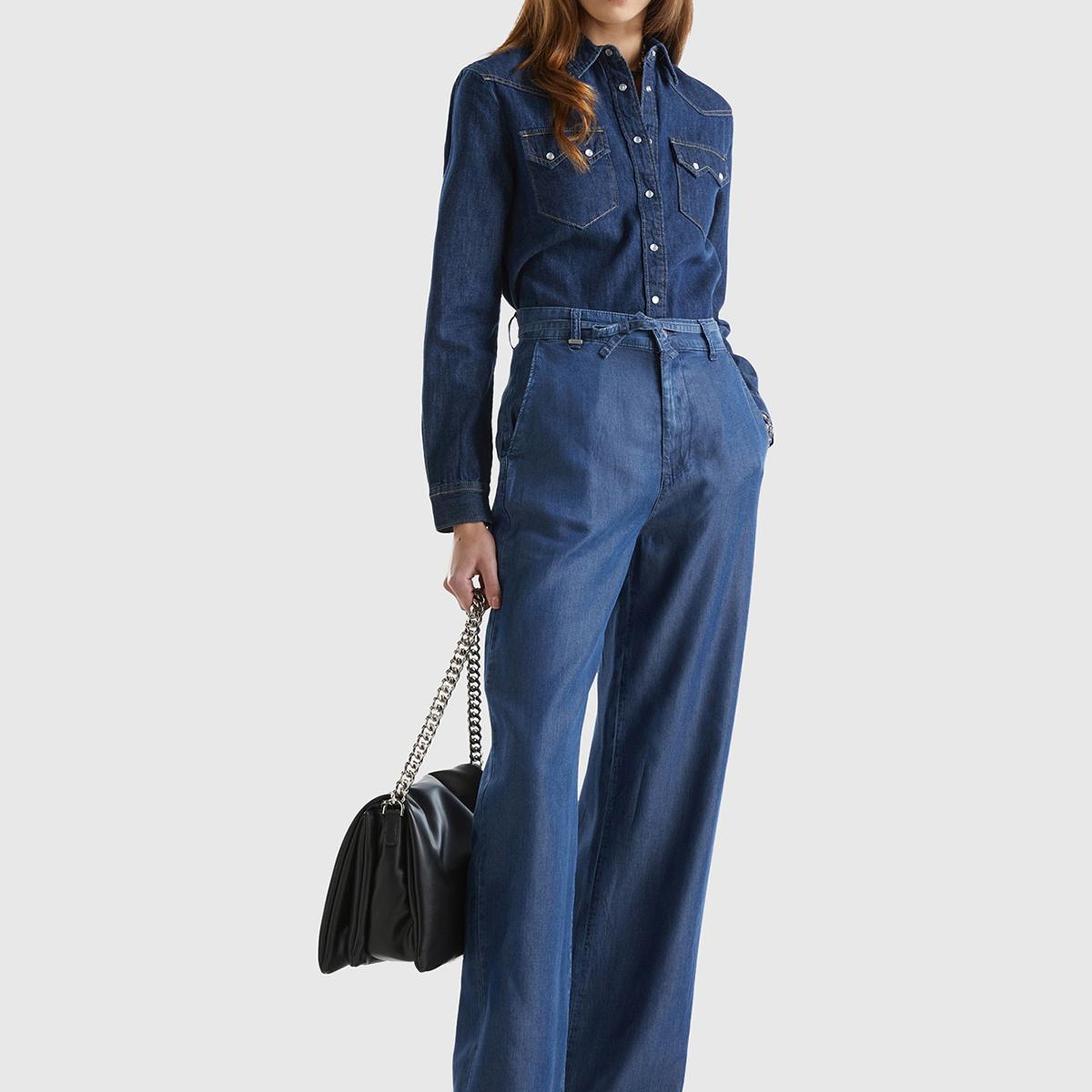 Kadın İndigo %100 Liyosel Kemer Delikli Beli İpli Geniş Paça Pantolon