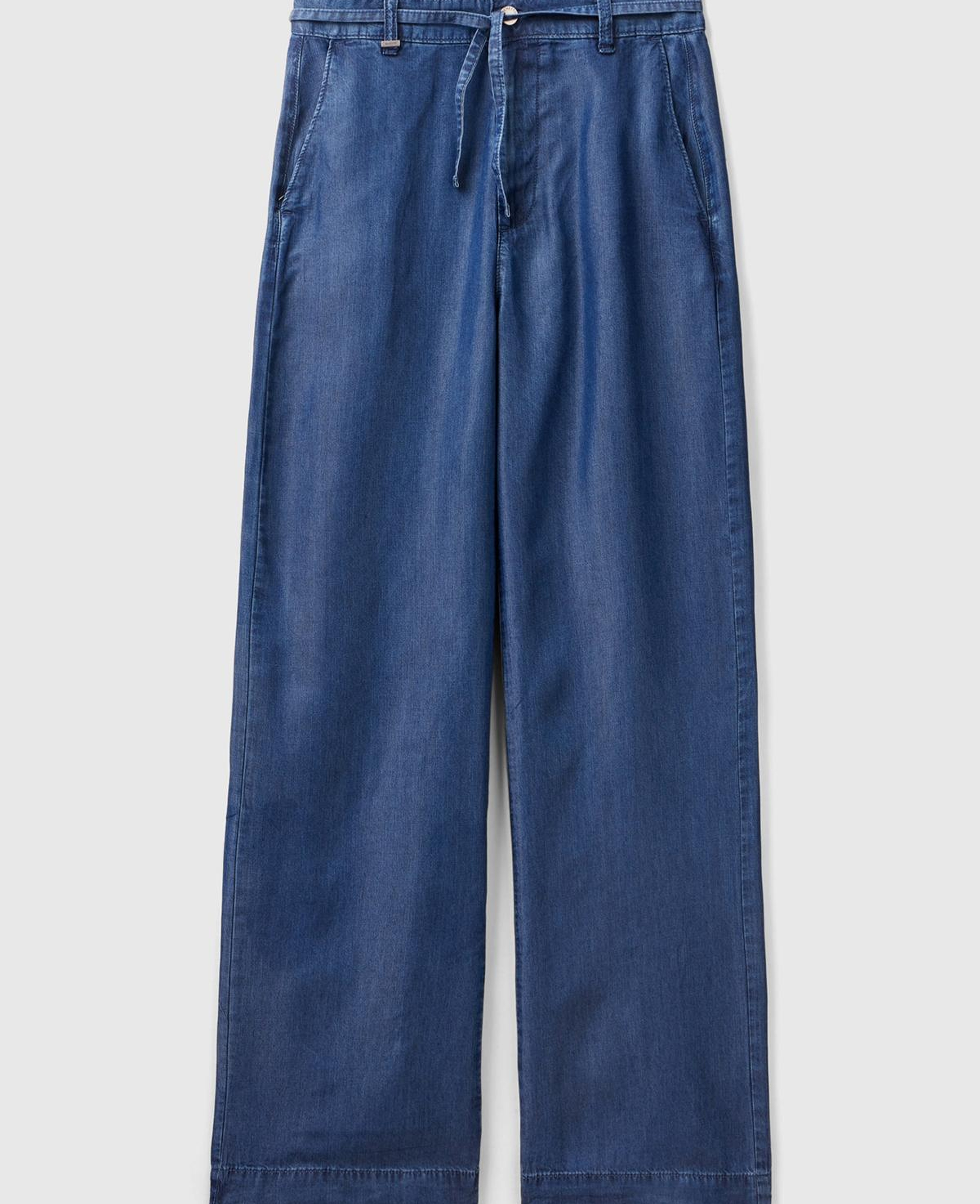 Kadın İndigo %100 Liyosel Kemer Delikli Beli İpli Geniş Paça Pantolon
