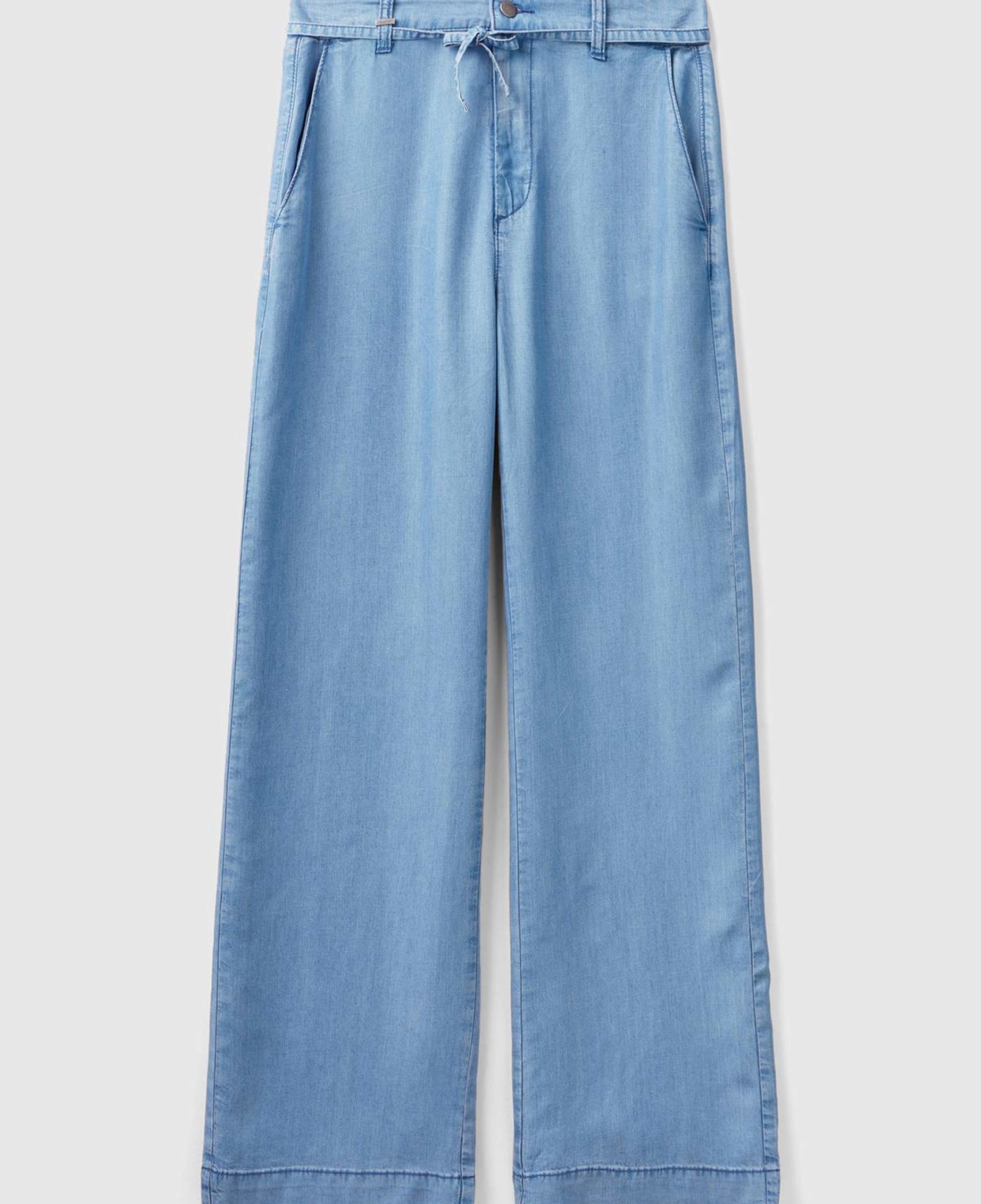 Kadın Mavi %100 Liyosel Kemer Delikli Beli İpli Geniş Paça Pantolon