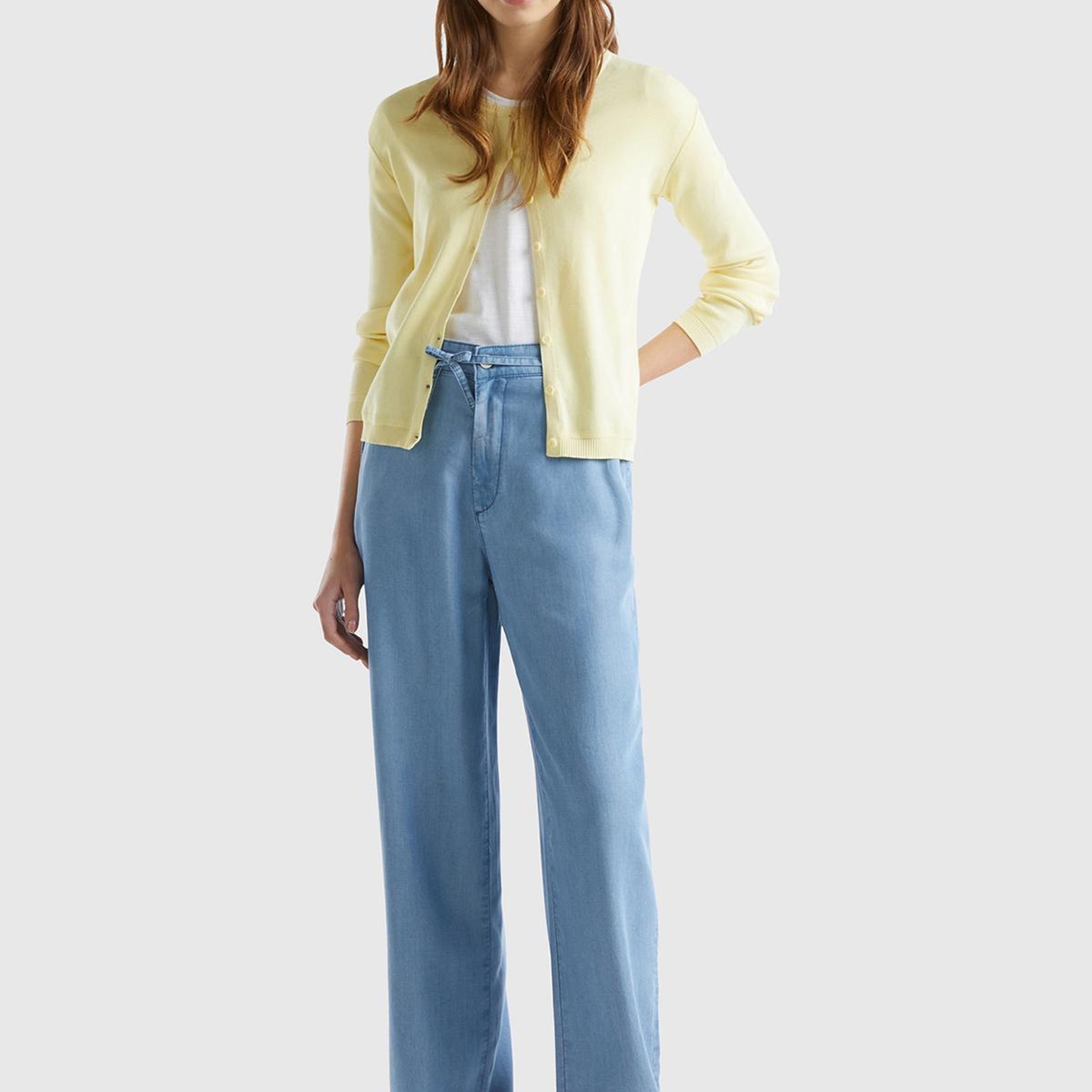 Kadın Mavi %100 Liyosel Kemer Delikli Beli İpli Geniş Paça Pantolon