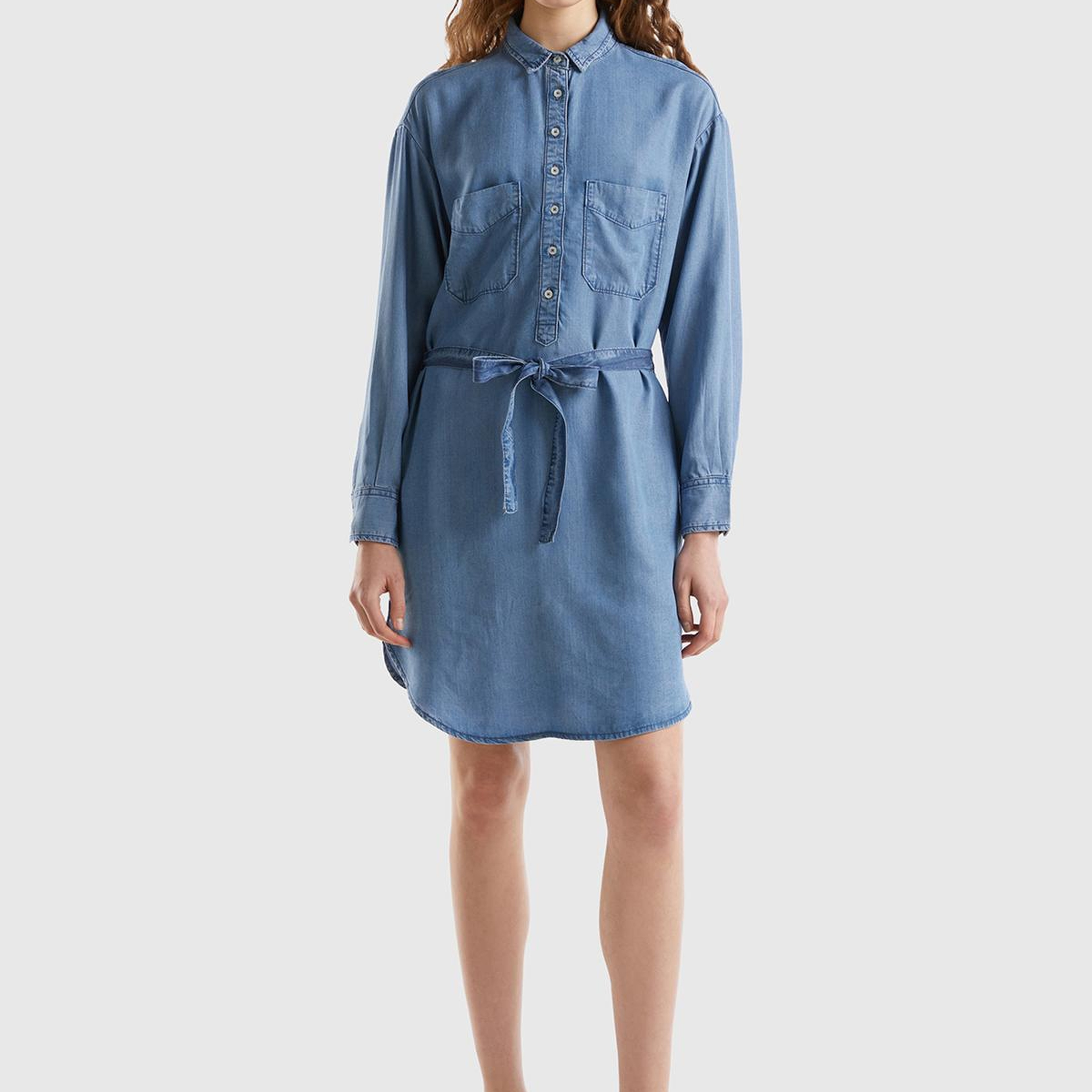 Kadın Mavi %100 Liyosel Göğsü Yama Cepli Belden Bağlamalı Denim Elbise
