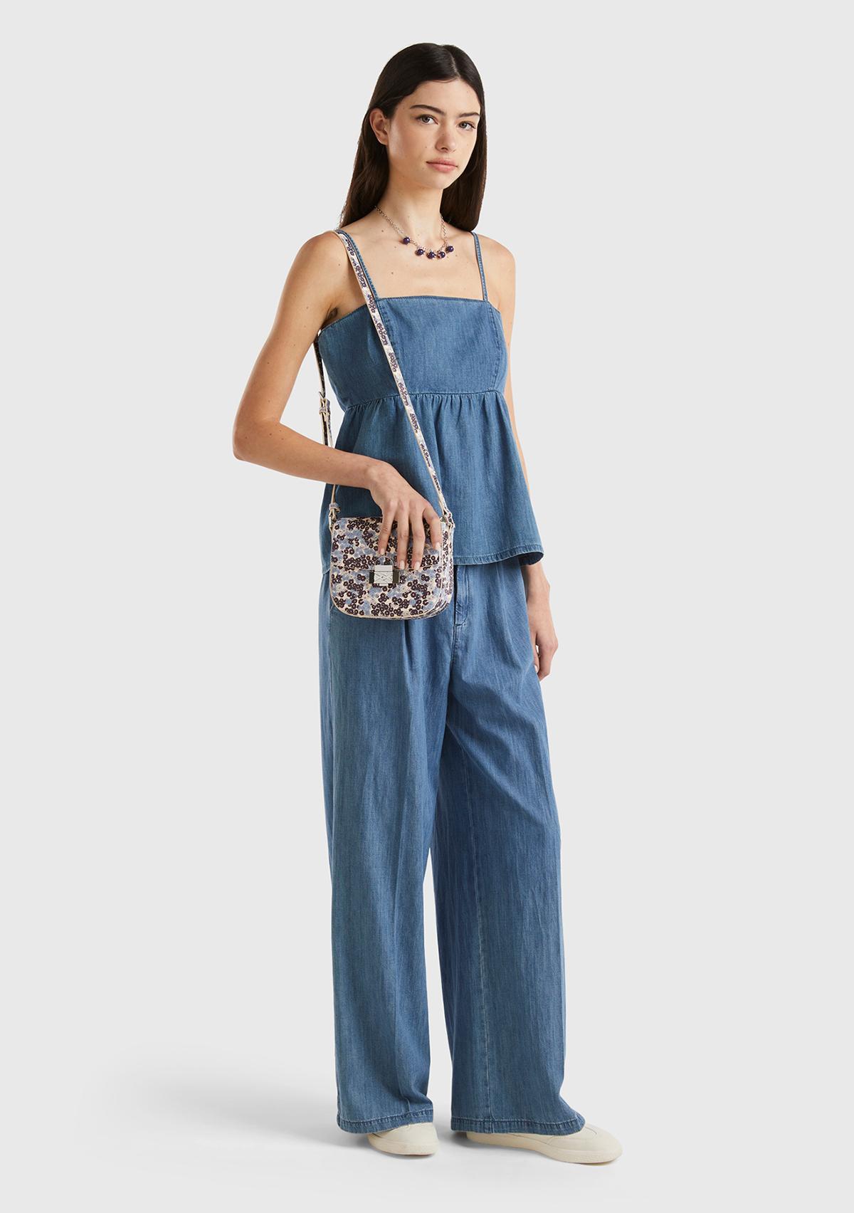 Kadın Mavi Pamuk Karışımlı Önü Pileli Beli Büzgülü Fermuarlı Pantolon