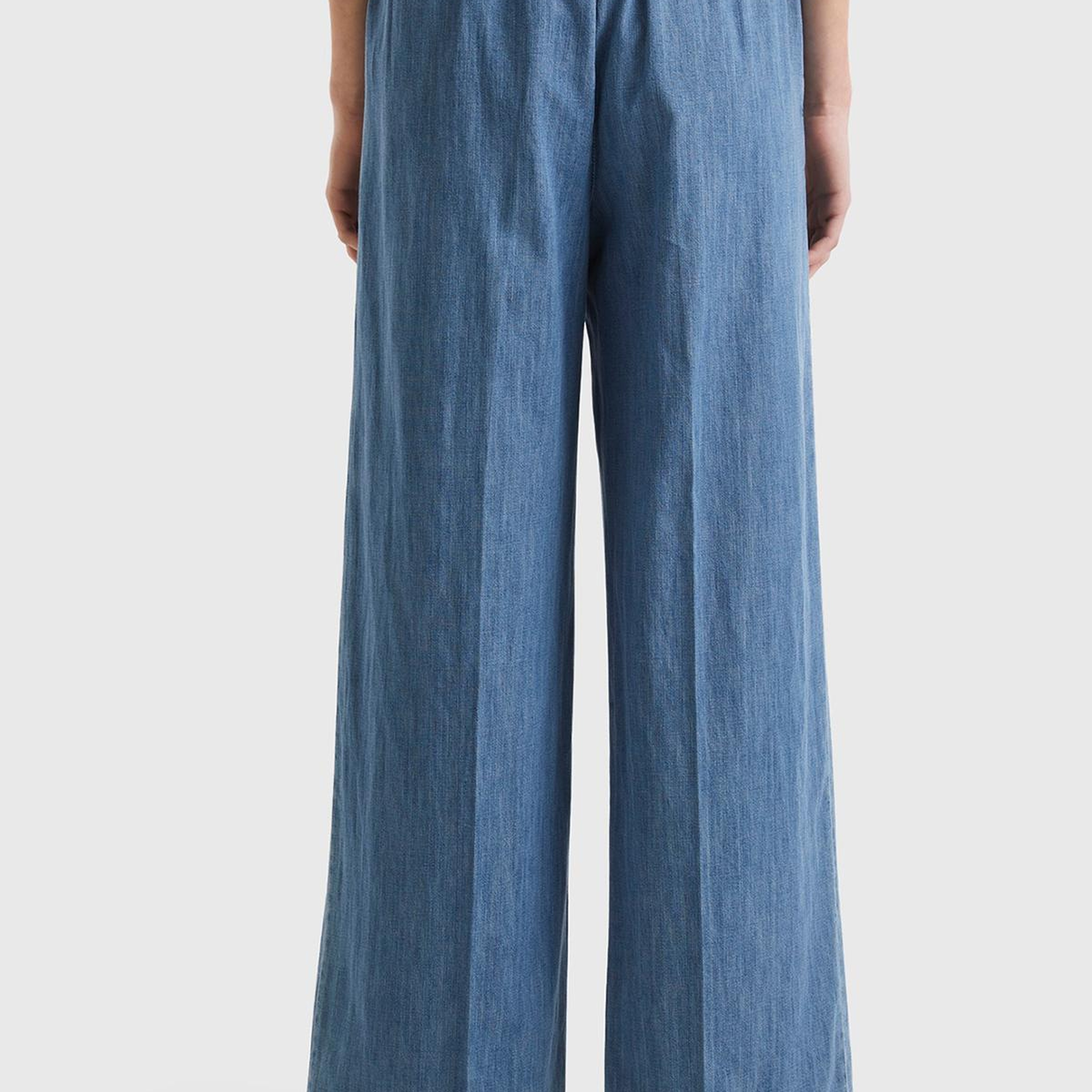 Kadın Mavi Pamuk Karışımlı Önü Pileli Beli Büzgülü Fermuarlı Pantolon