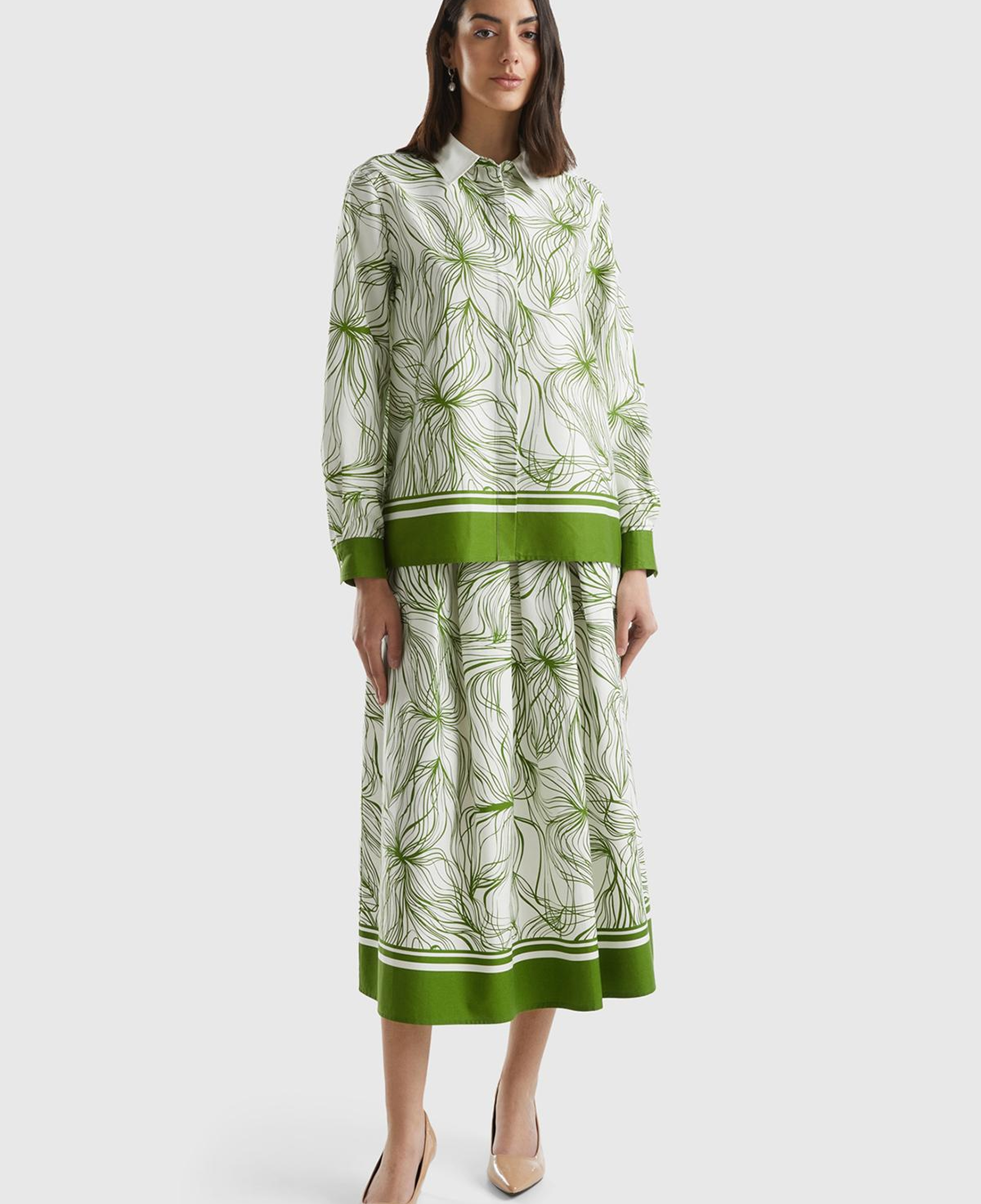 Kadın Yeşil Mix Pamuk Karışımlı Tamamı Desenli Beli Büzgülü Uzun Etek