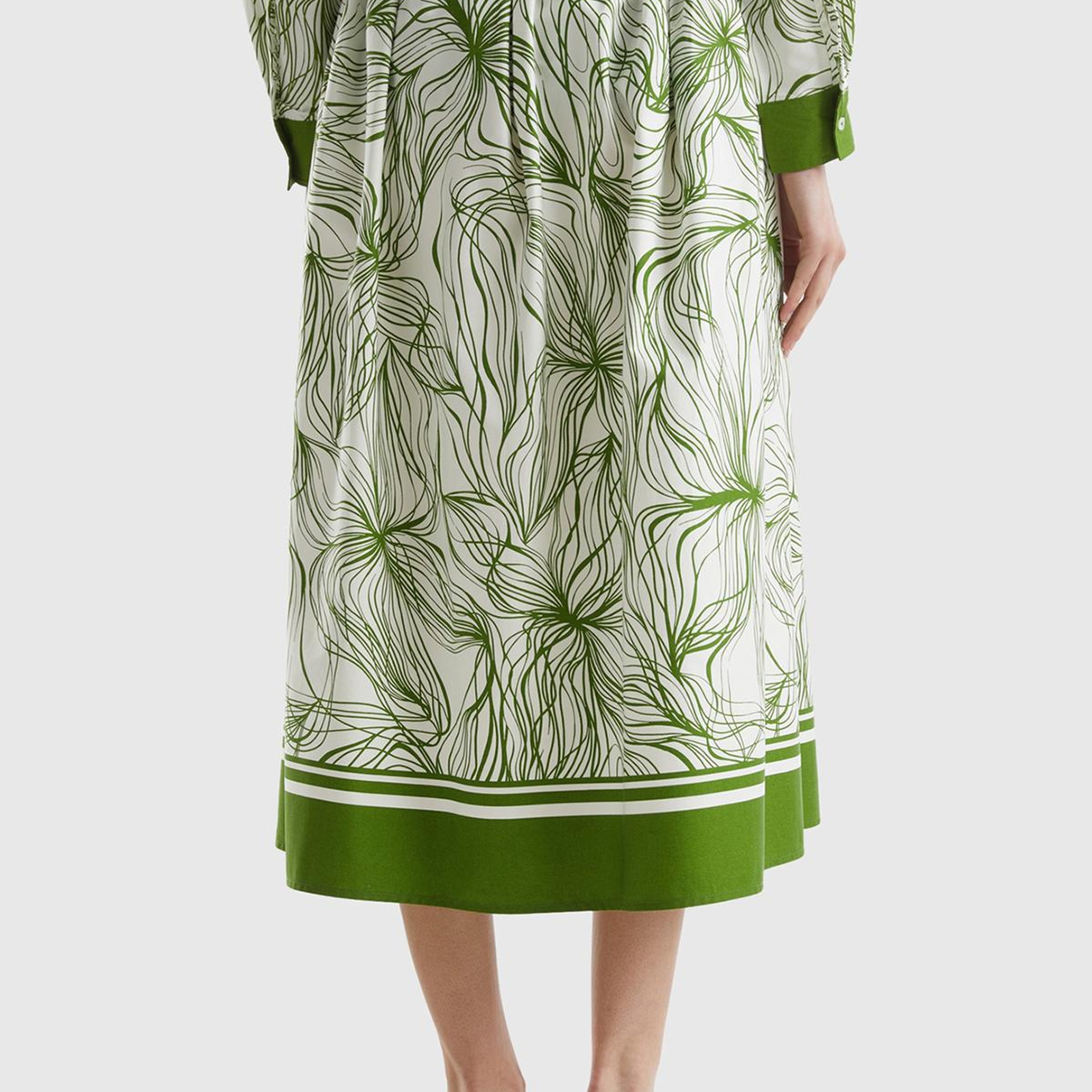 Kadın Yeşil Mix Pamuk Karışımlı Tamamı Desenli Beli Büzgülü Uzun Etek