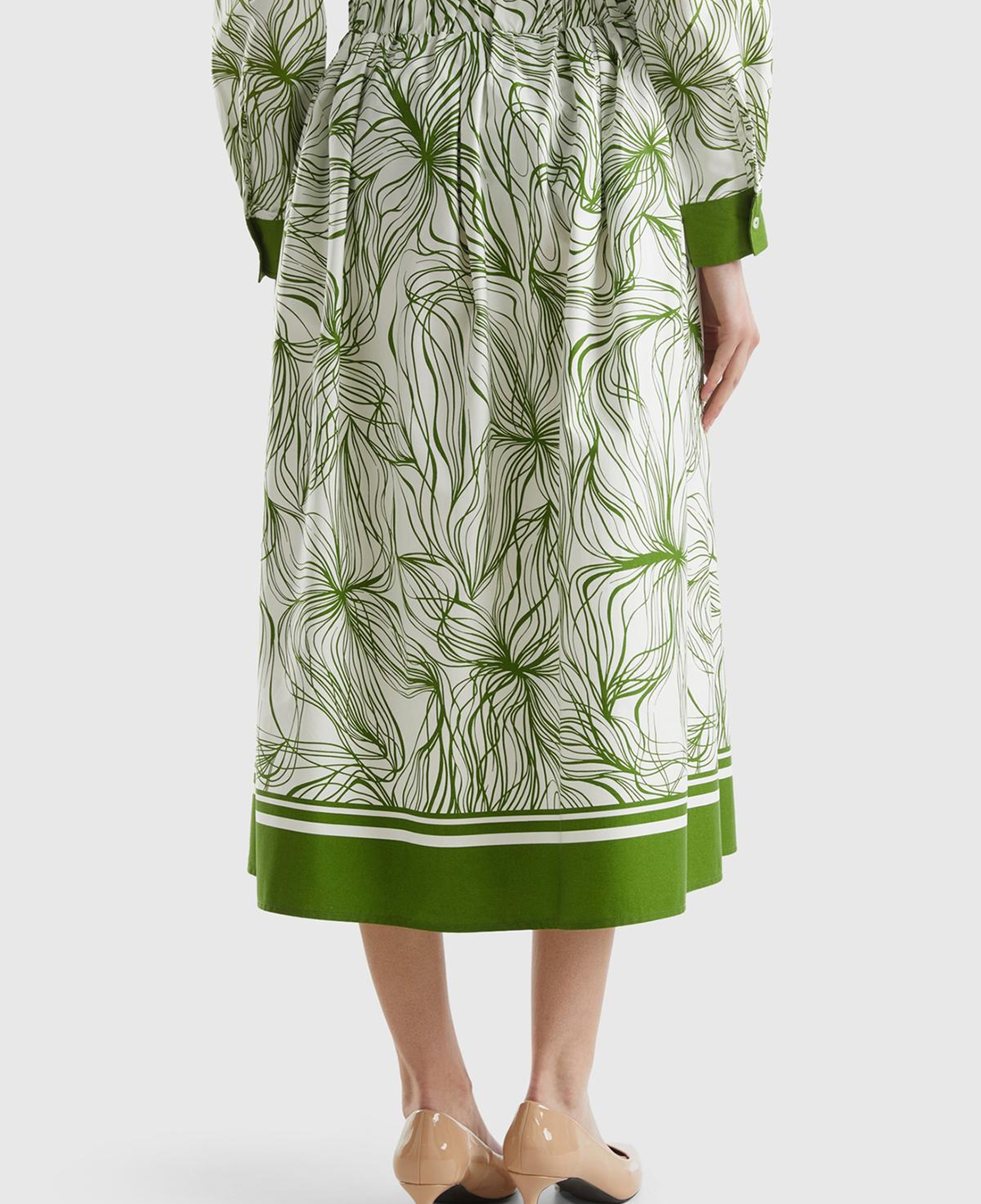 Kadın Yeşil Mix Pamuk Karışımlı Tamamı Desenli Beli Büzgülü Uzun Etek