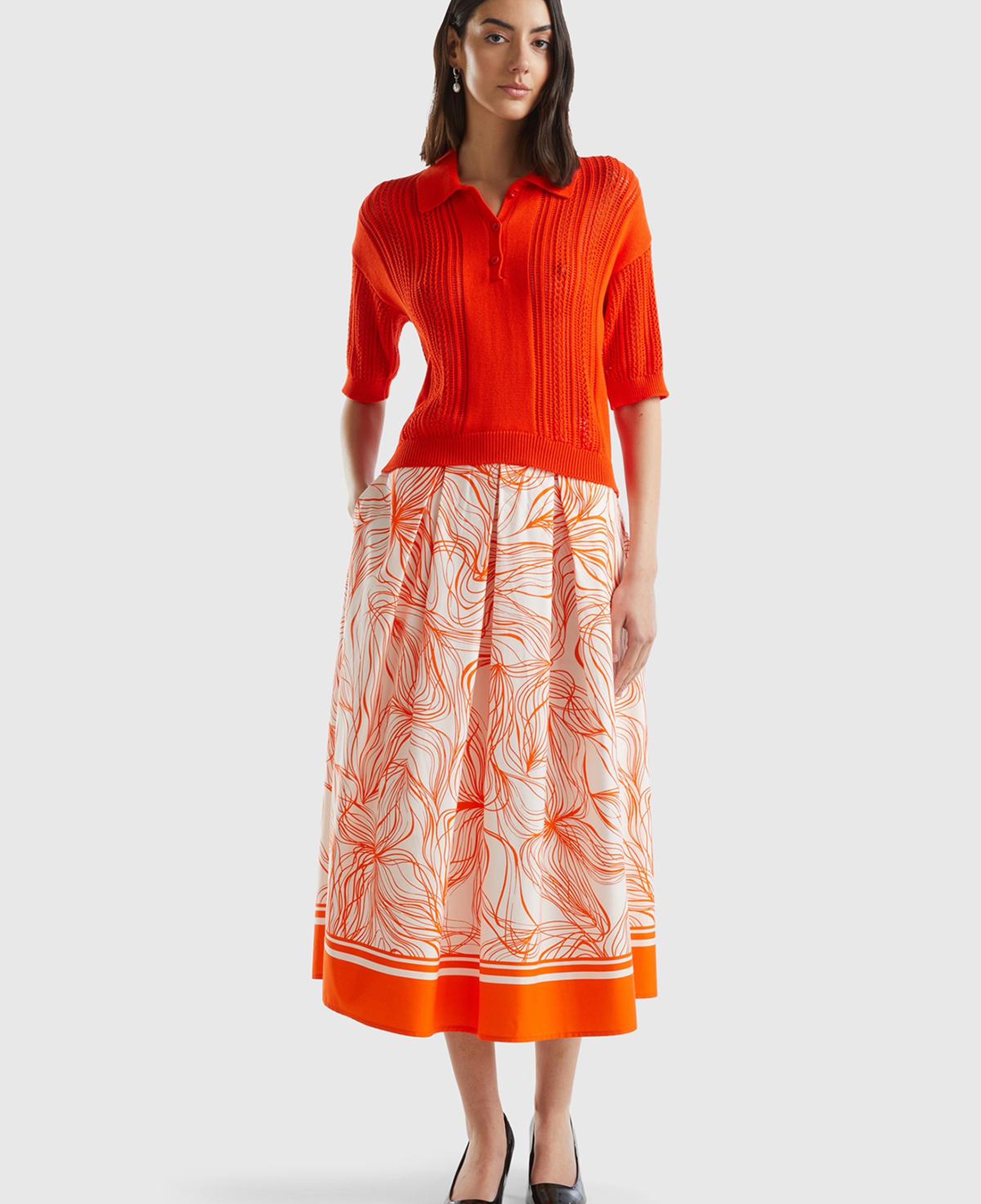 Kadın Turuncu Mix Pamuk Karışımlı Tamamı Desenli Beli Büzgülü Uzun Etek