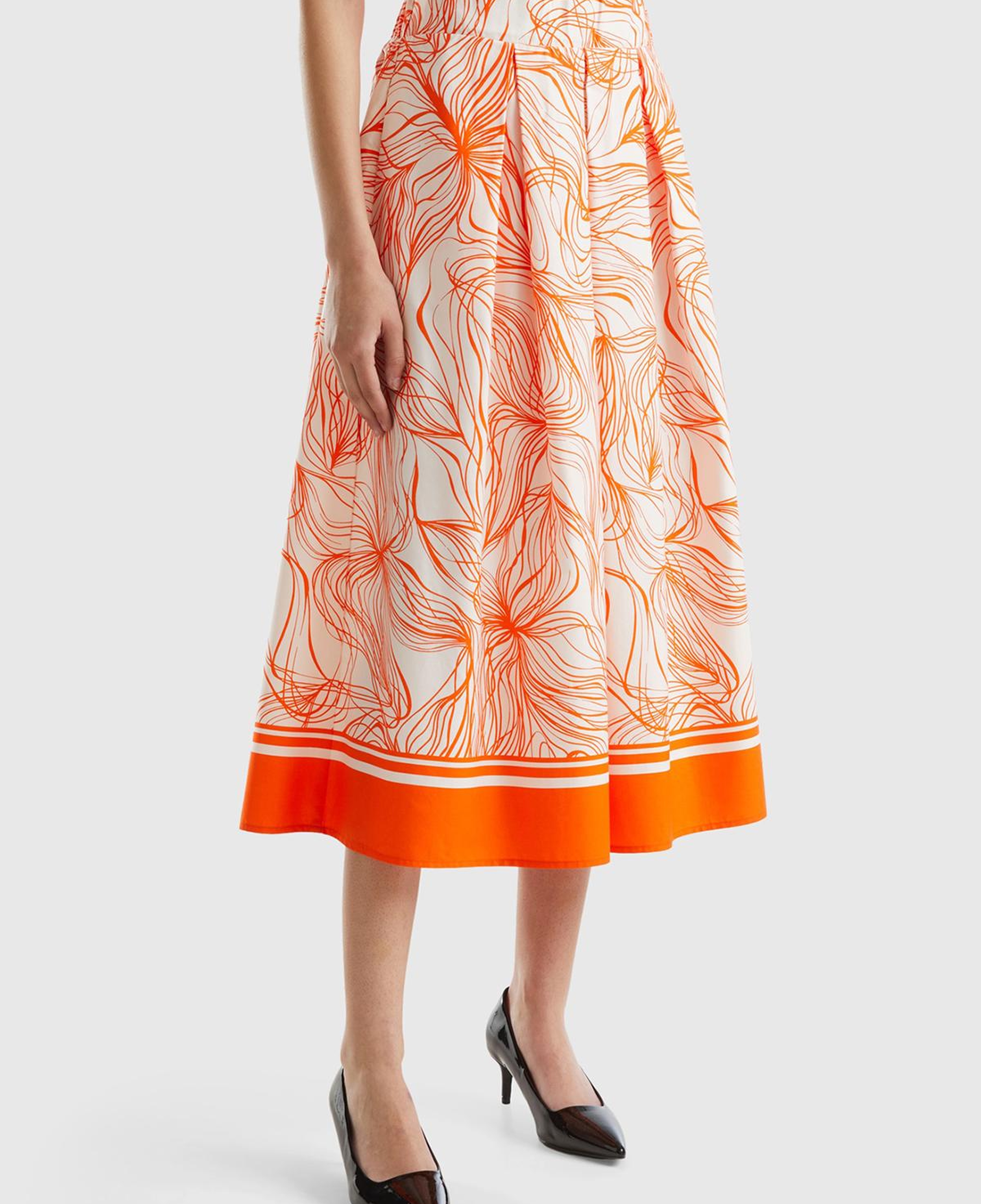 Kadın Turuncu Mix Pamuk Karışımlı Tamamı Desenli Beli Büzgülü Uzun Etek