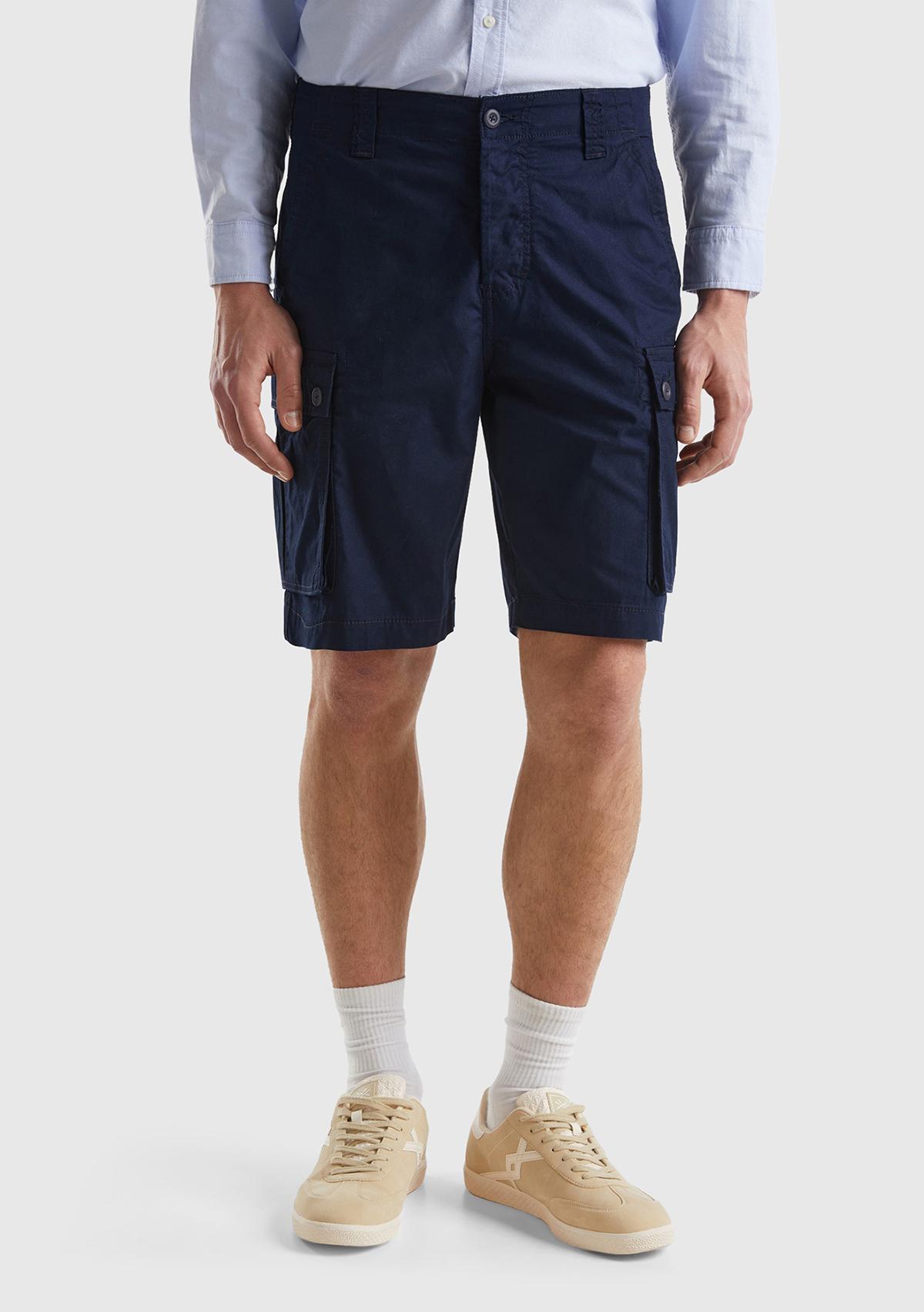 Erkek Koyu Lacivert %100 Pamuk 6 Cepli Kargo Bermuda Şort