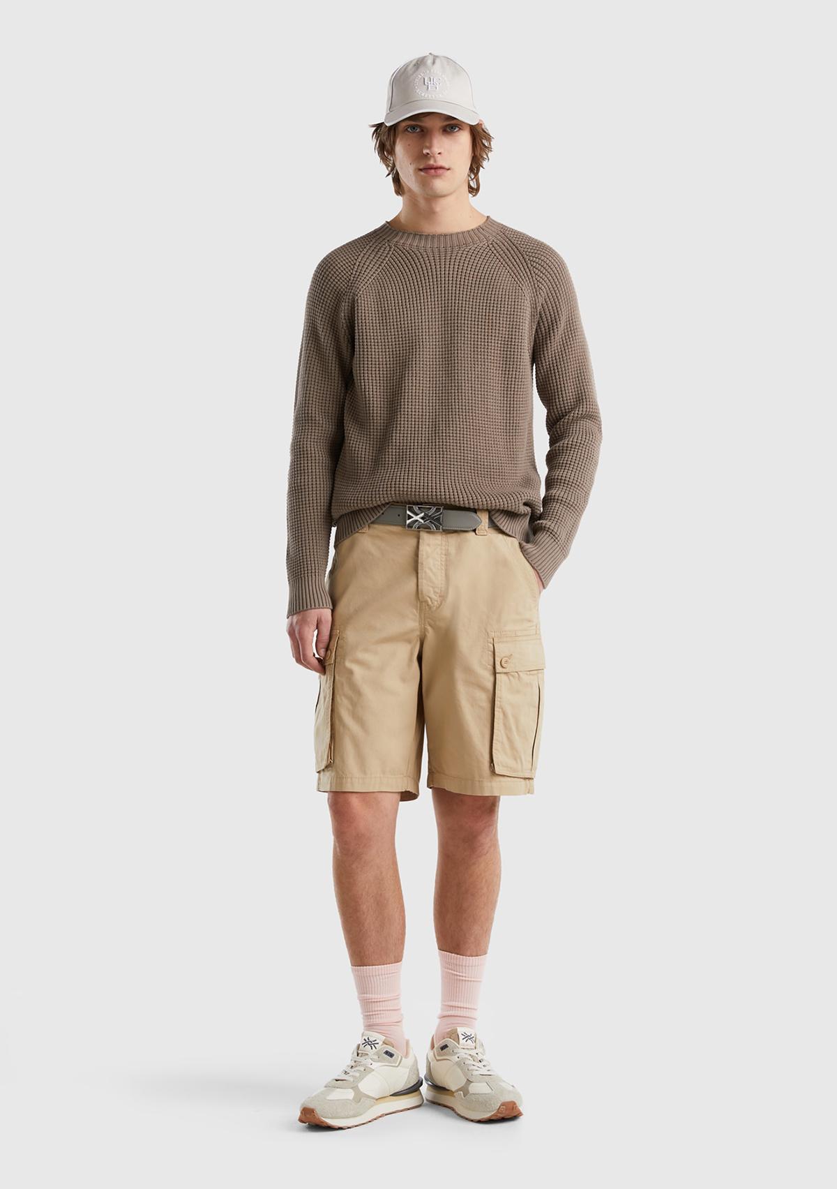 Erkek Bej %100 Pamuk 6 Cepli Kargo Bermuda Şort