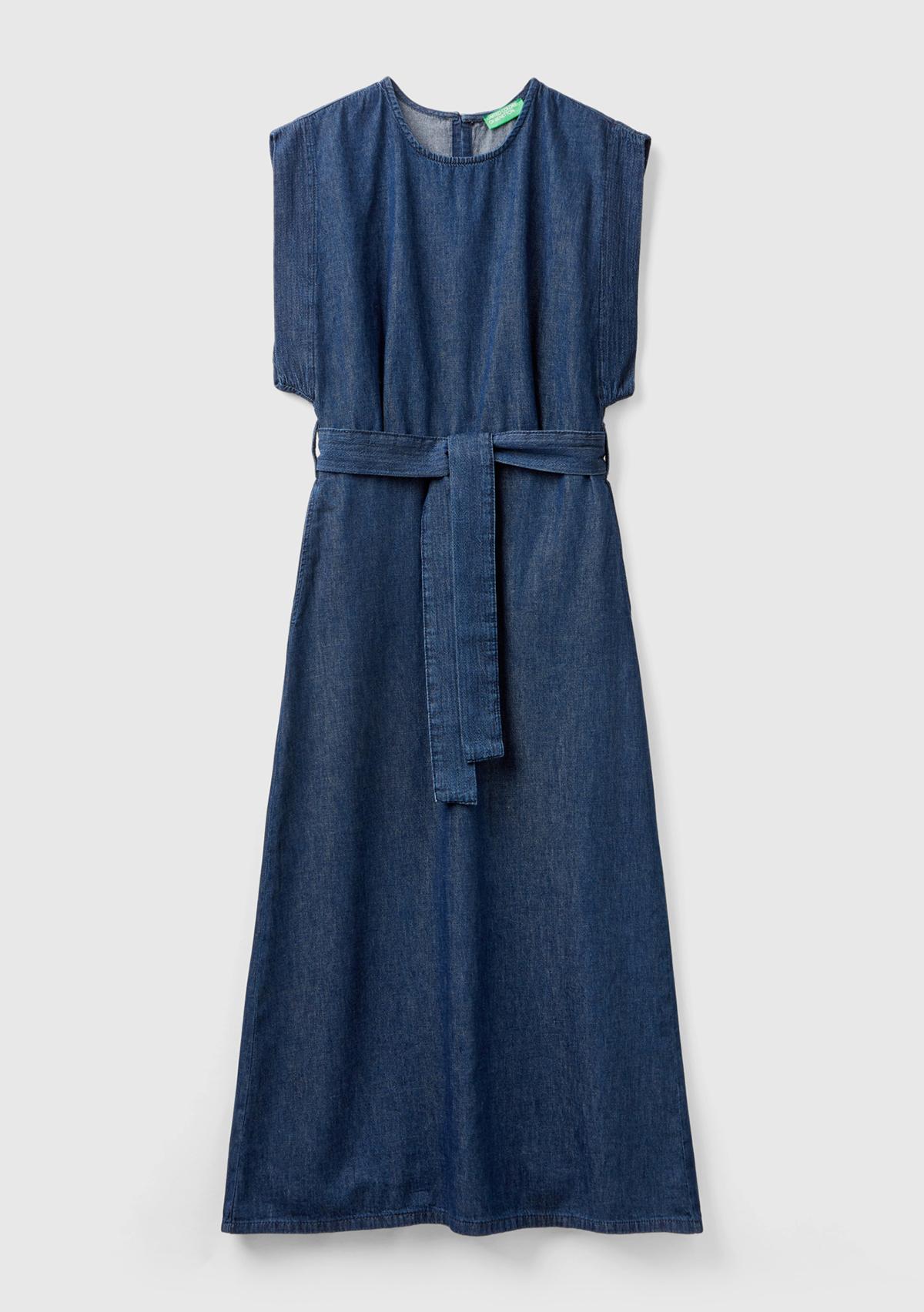 Kadın İndigo %100 Pamuk Beli Bağlamalı Yırtmaçlı Sırt Dekolteli Elbise