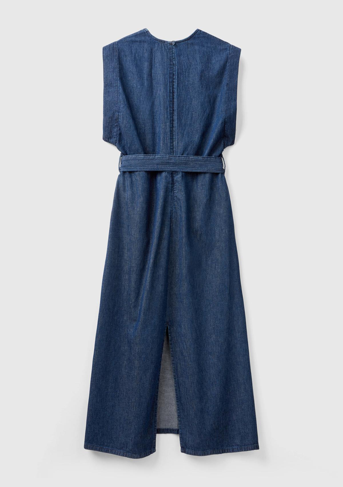 Kadın İndigo %100 Pamuk Beli Bağlamalı Yırtmaçlı Sırt Dekolteli Elbise