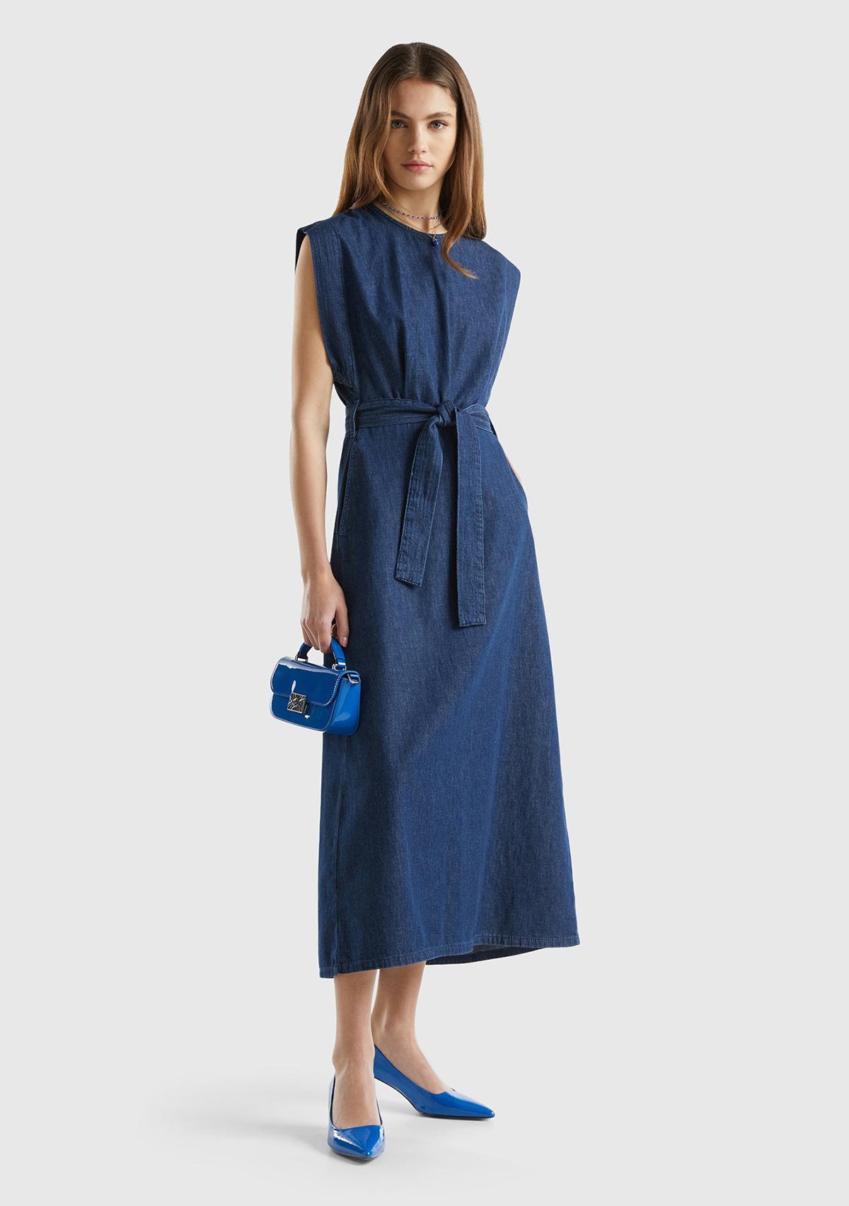 Kadın İndigo %100 Pamuk Beli Bağlamalı Yırtmaçlı Sırt Dekolteli Elbise