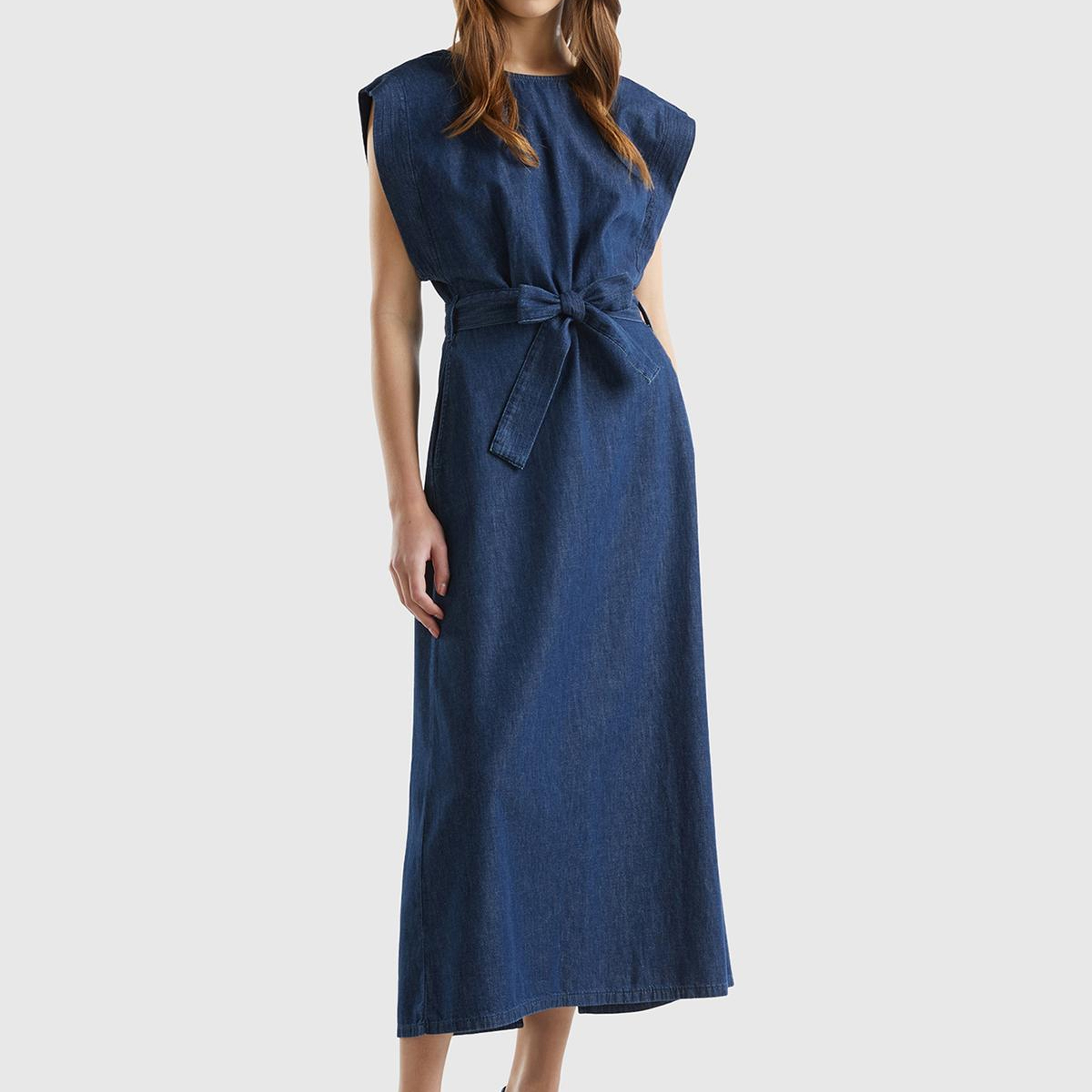 Kadın İndigo %100 Pamuk Beli Bağlamalı Yırtmaçlı Sırt Dekolteli Elbise