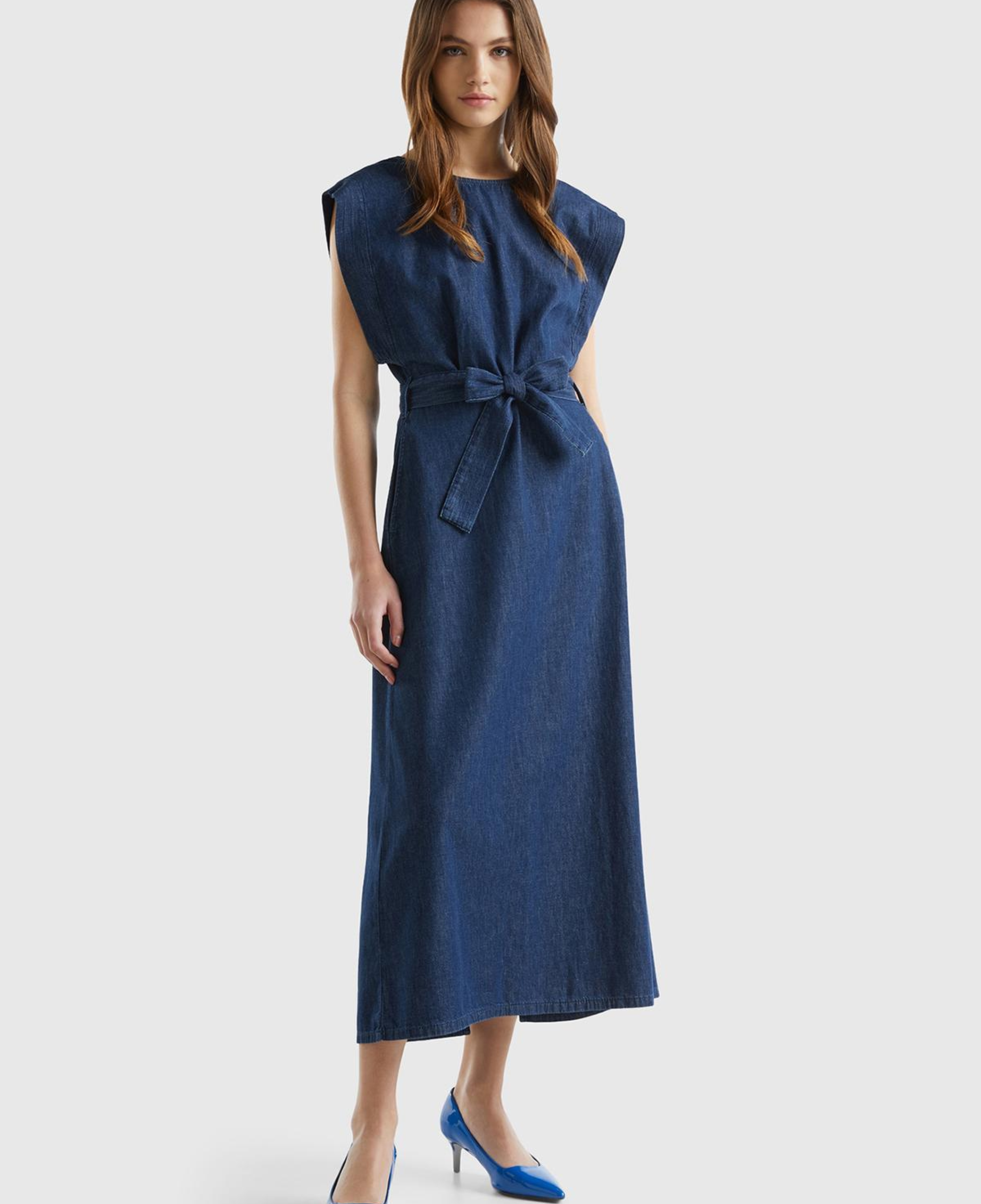 Kadın İndigo %100 Pamuk Beli Bağlamalı Yırtmaçlı Sırt Dekolteli Elbise