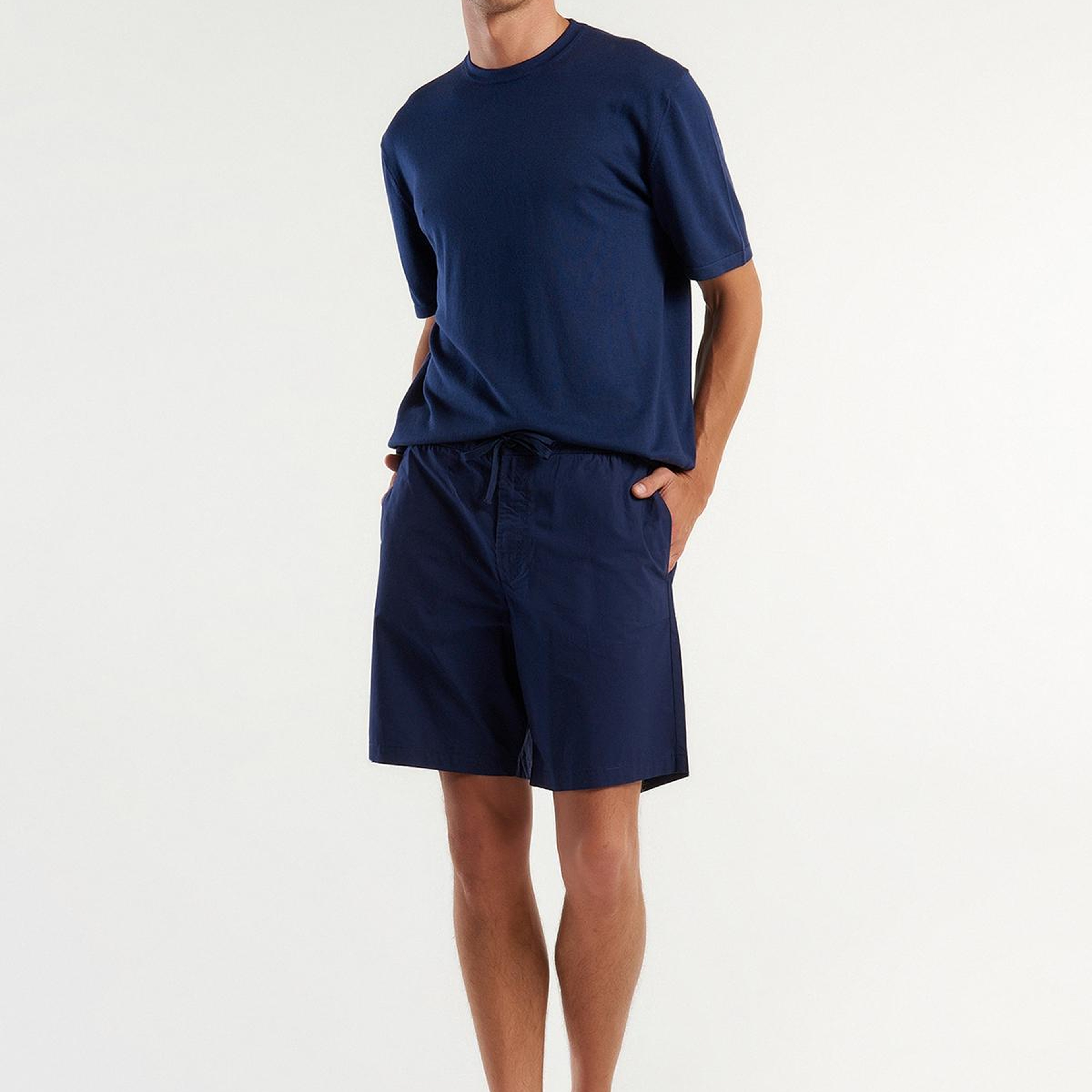 Erkek Koyu Lacivert %100 Pamuk 4 Cepli Beli Büzgülü İpli Kısa Şort