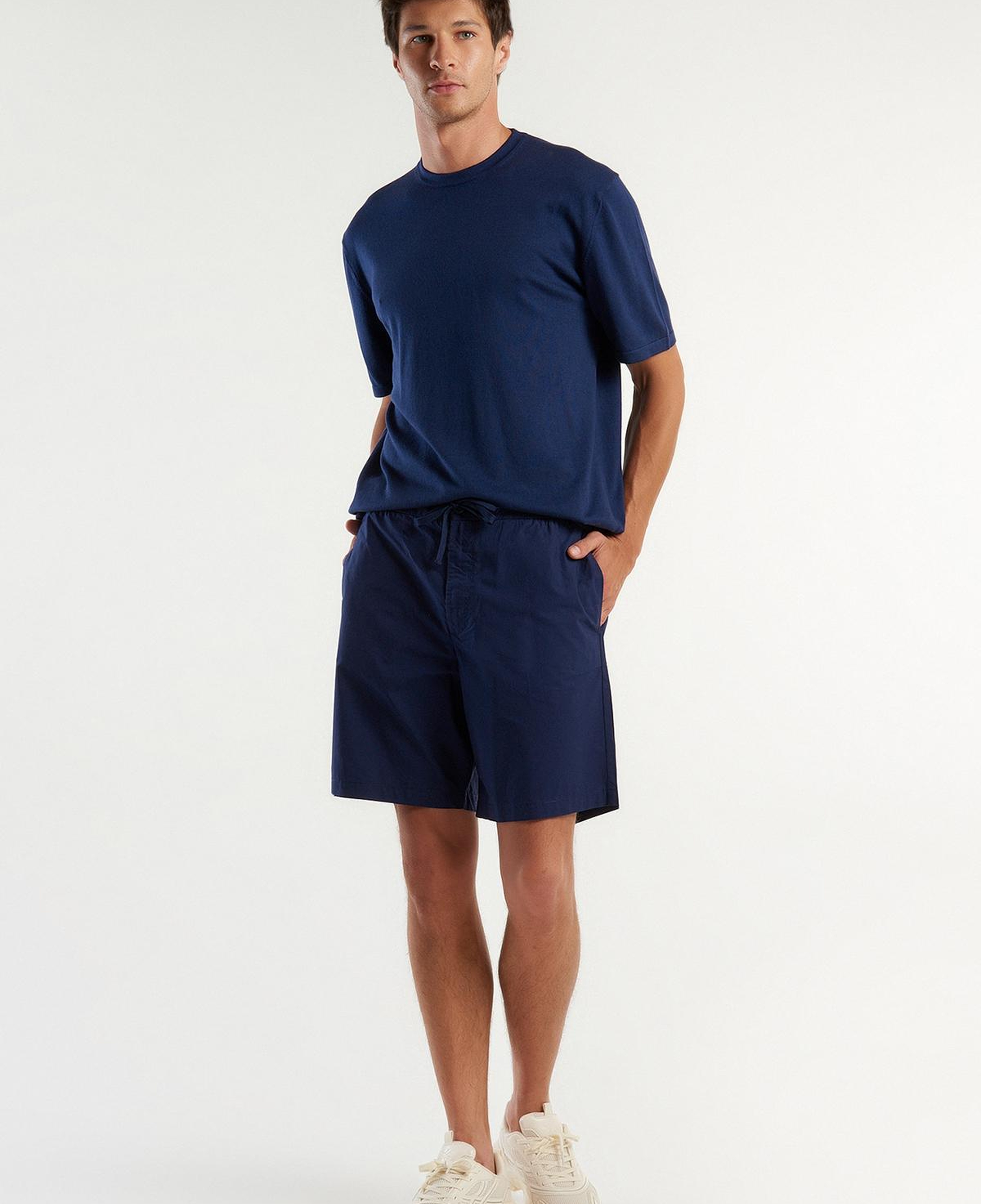 Erkek Koyu Lacivert %100 Pamuk 4 Cepli Beli Büzgülü İpli Kısa Şort