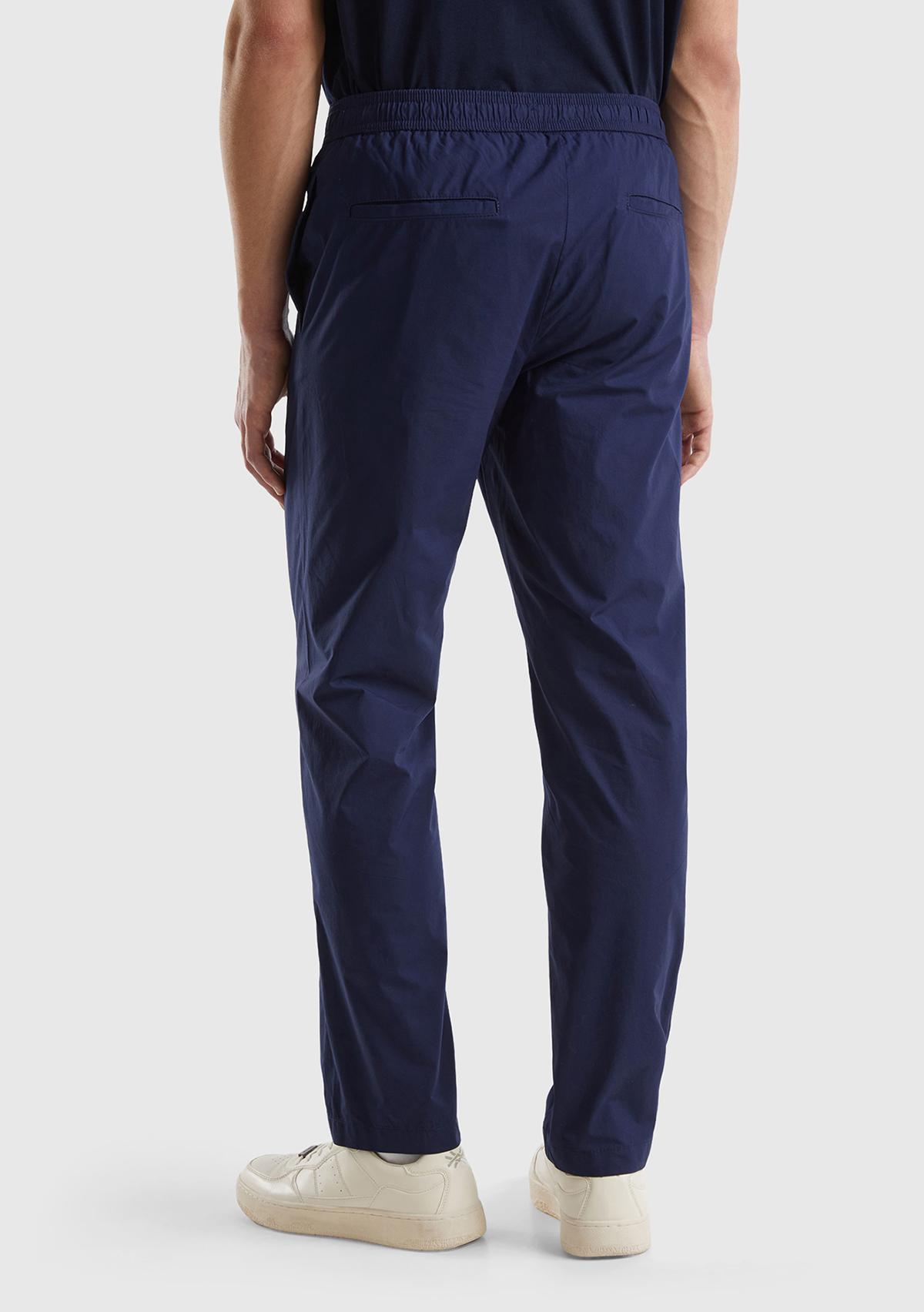 Erkek Koyu Lacivert %100 Pamuk 4 Cepli Beli Büzgülü İpli Pantolon