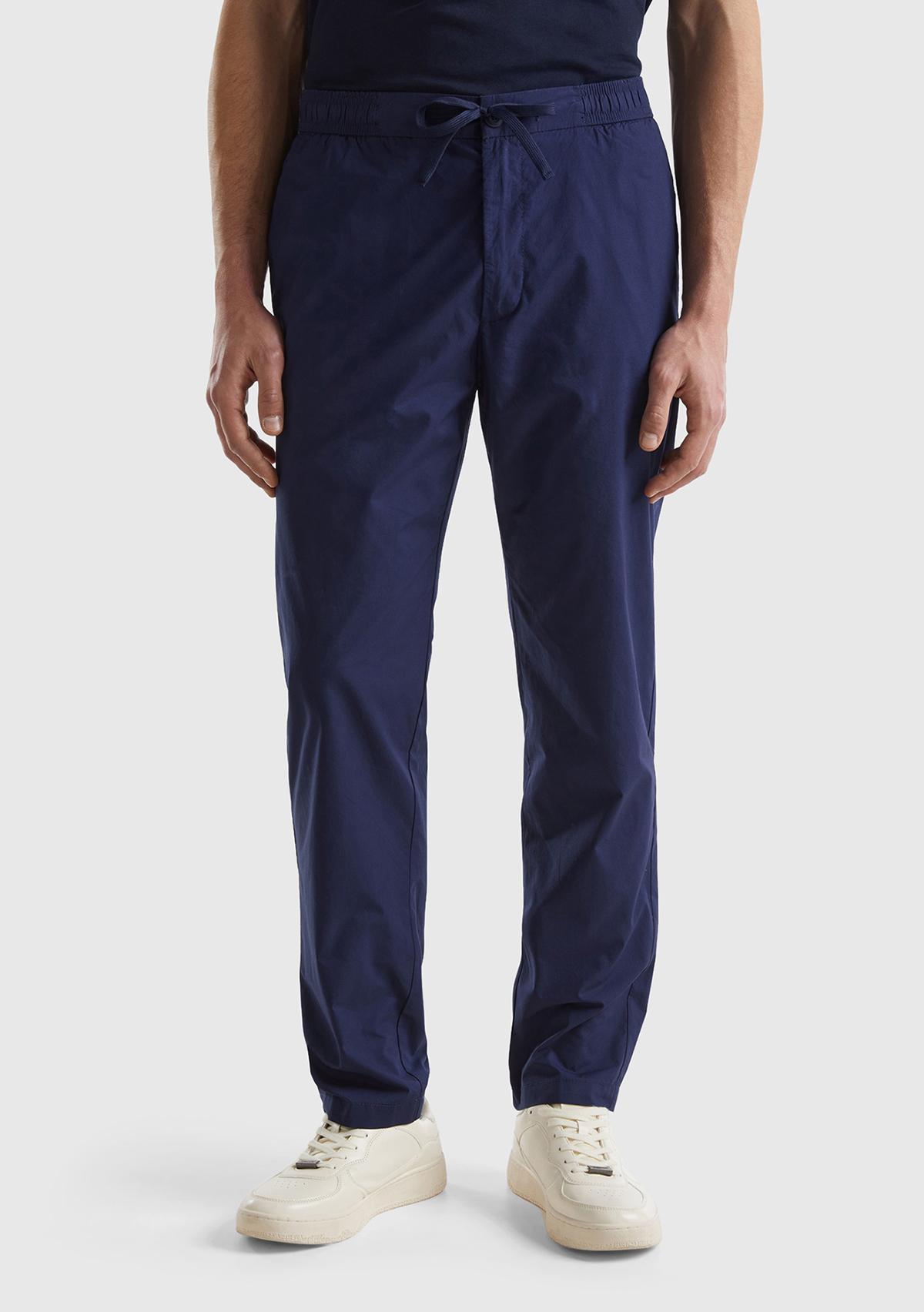 Erkek Koyu Lacivert %100 Pamuk 4 Cepli Beli Büzgülü İpli Pantolon