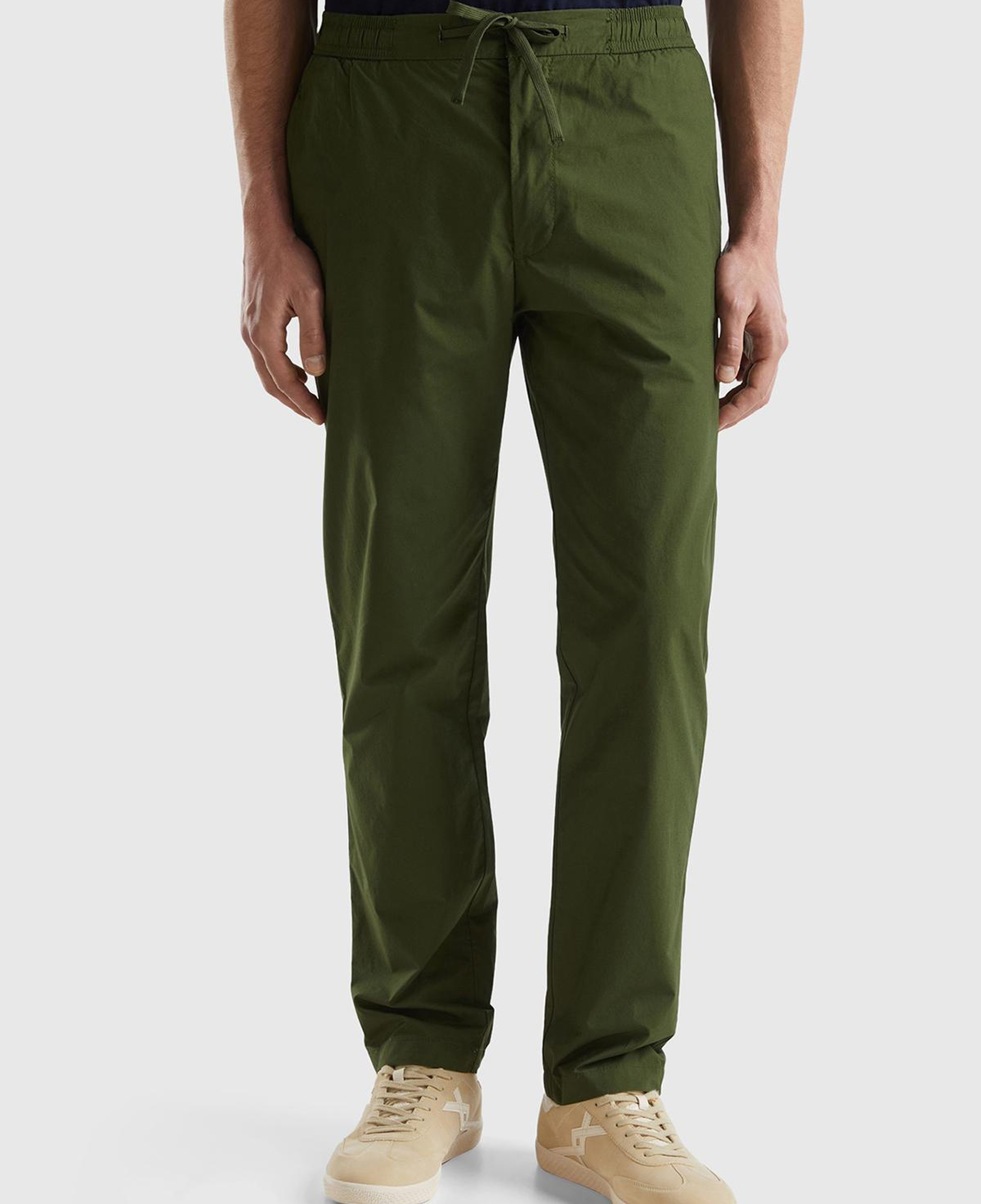 Erkek Koyu Yeşil %100 Pamuk 4 Cepli Beli Büzgülü İpli Pantolon