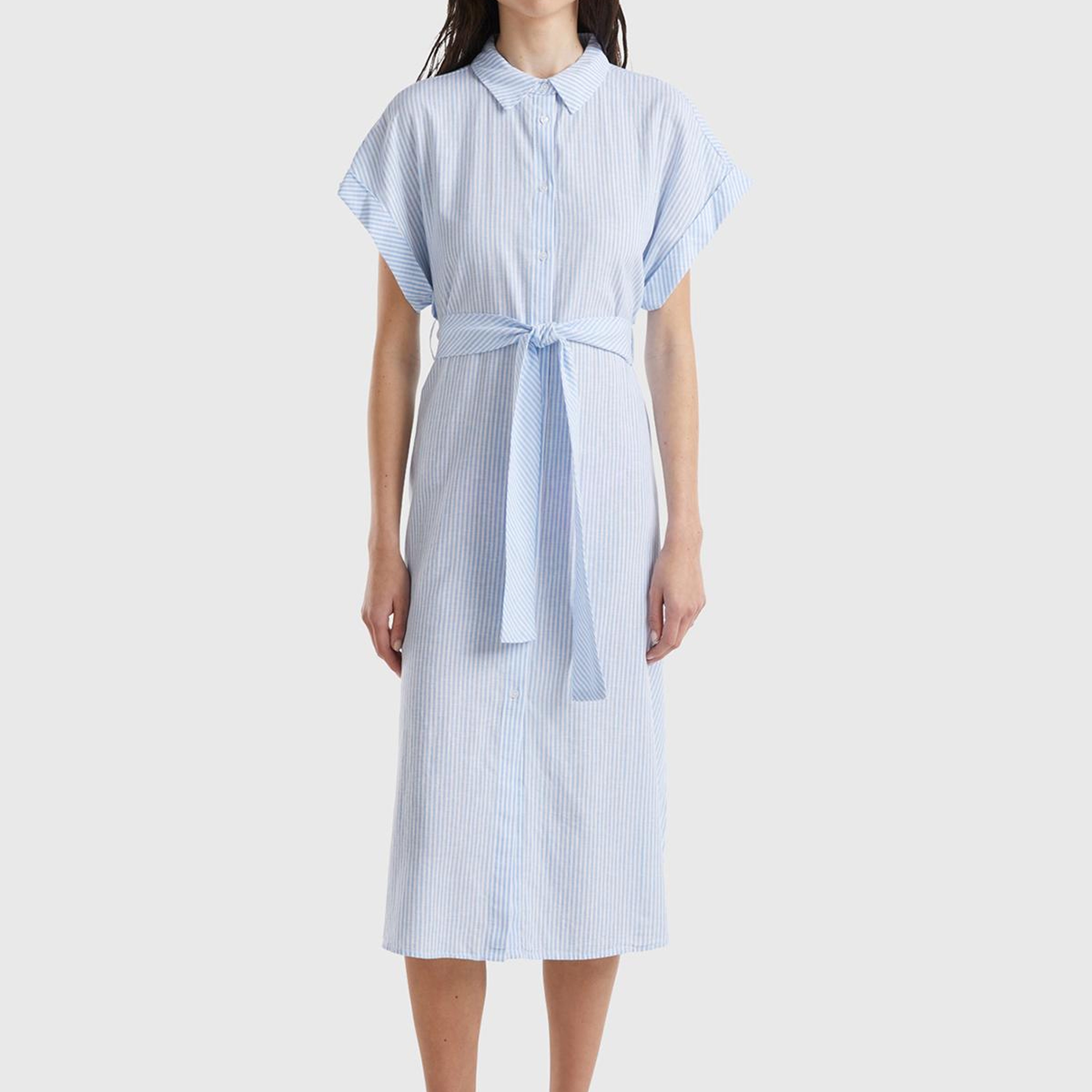 Kadın Mavi- Keten Karışımlı Beli Bağlamlı Önü Düğmeli Yırtmaçlı Elbise