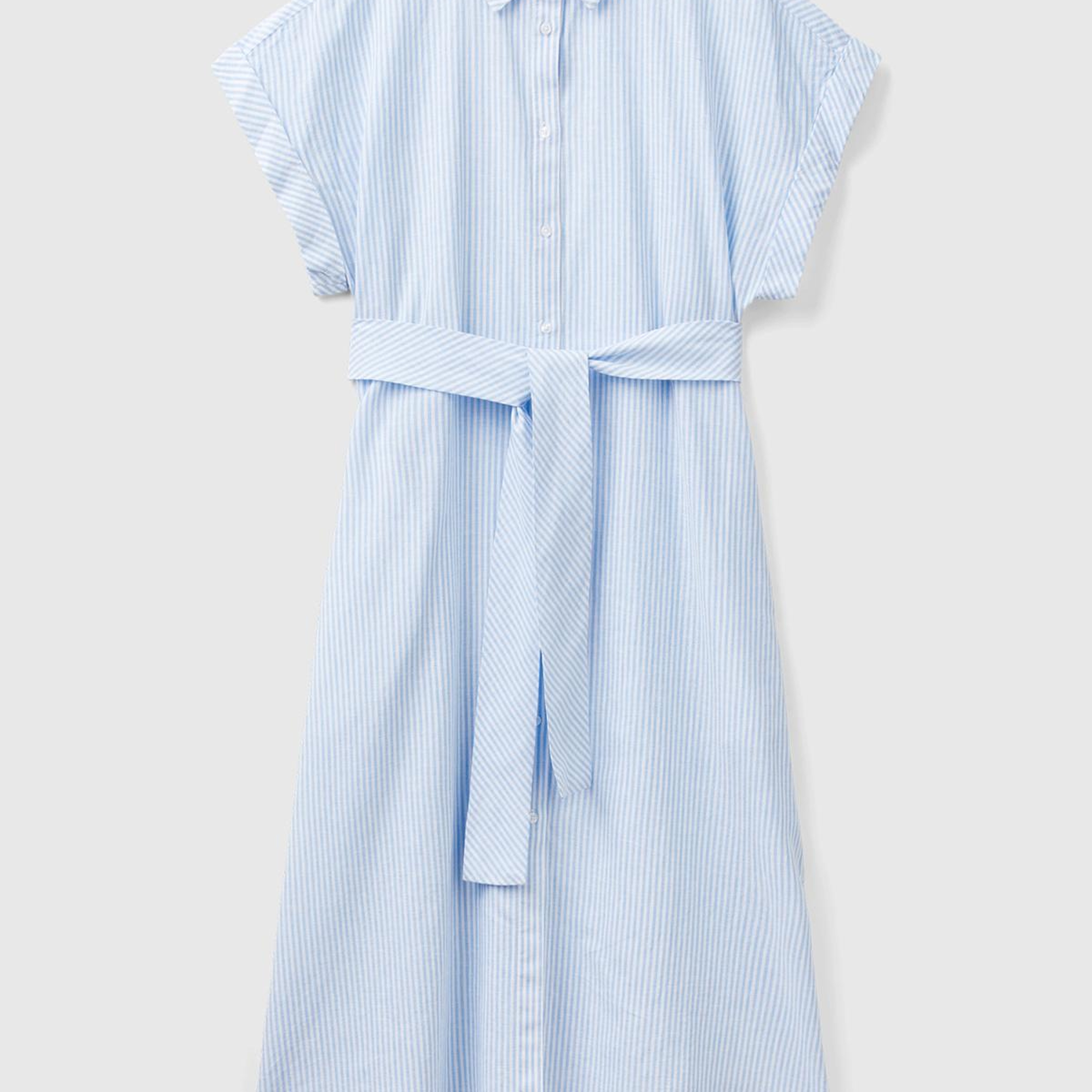 Kadın Mavi- Keten Karışımlı Beli Bağlamlı Önü Düğmeli Yırtmaçlı Elbise