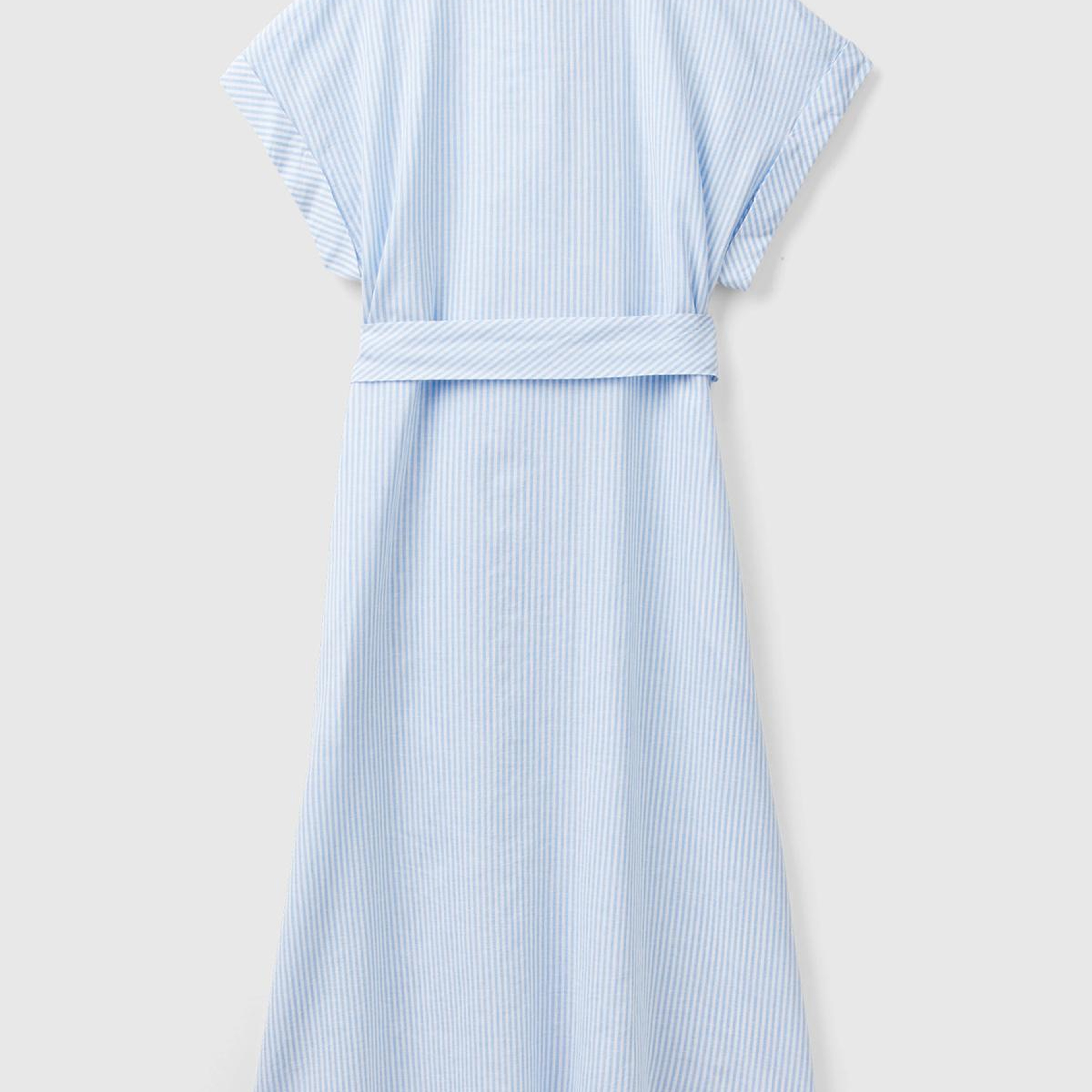 Kadın Mavi- Keten Karışımlı Beli Bağlamlı Önü Düğmeli Yırtmaçlı Elbise