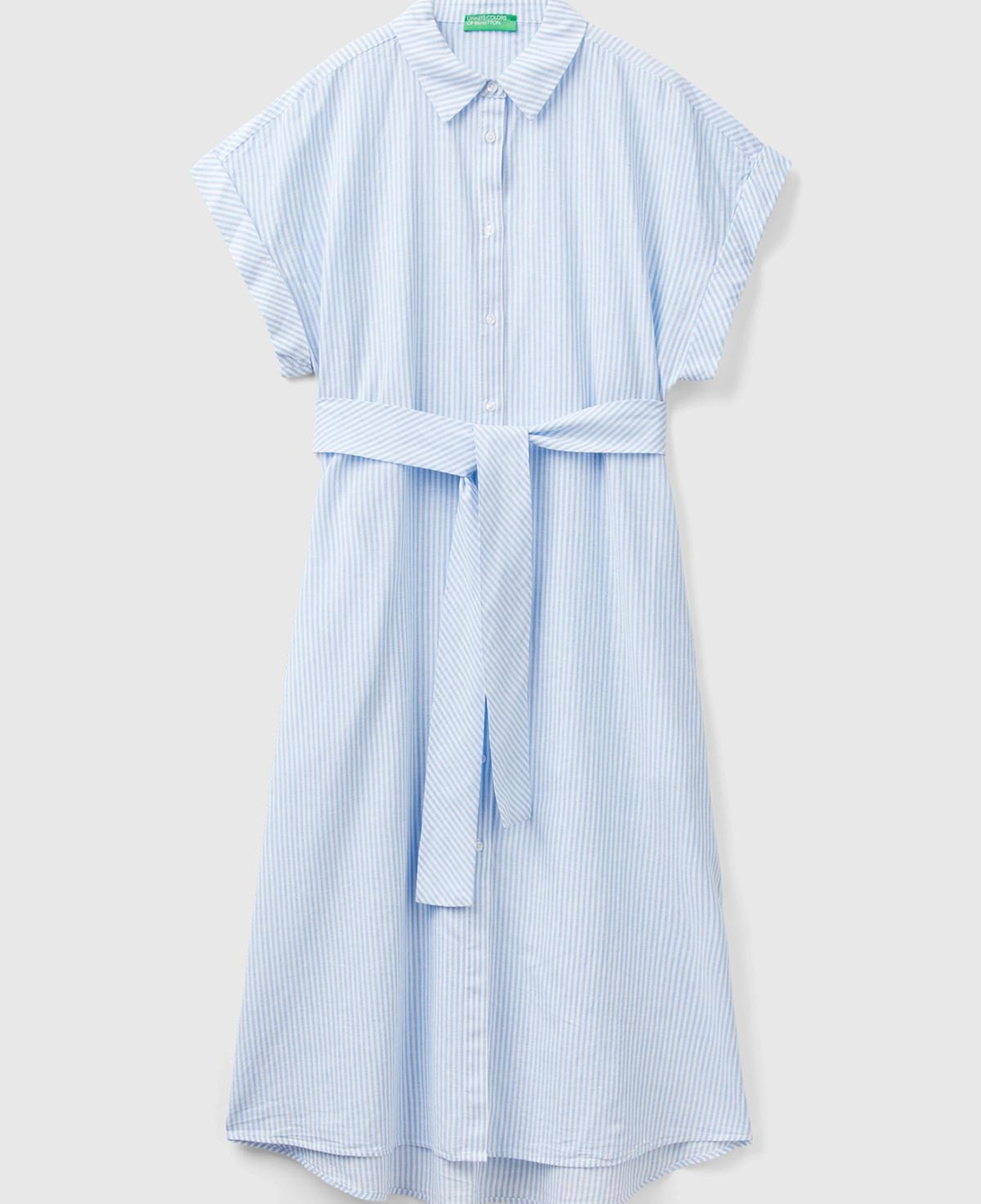 Kadın Mavi- Keten Karışımlı Beli Bağlamlı Önü Düğmeli Yırtmaçlı Elbise