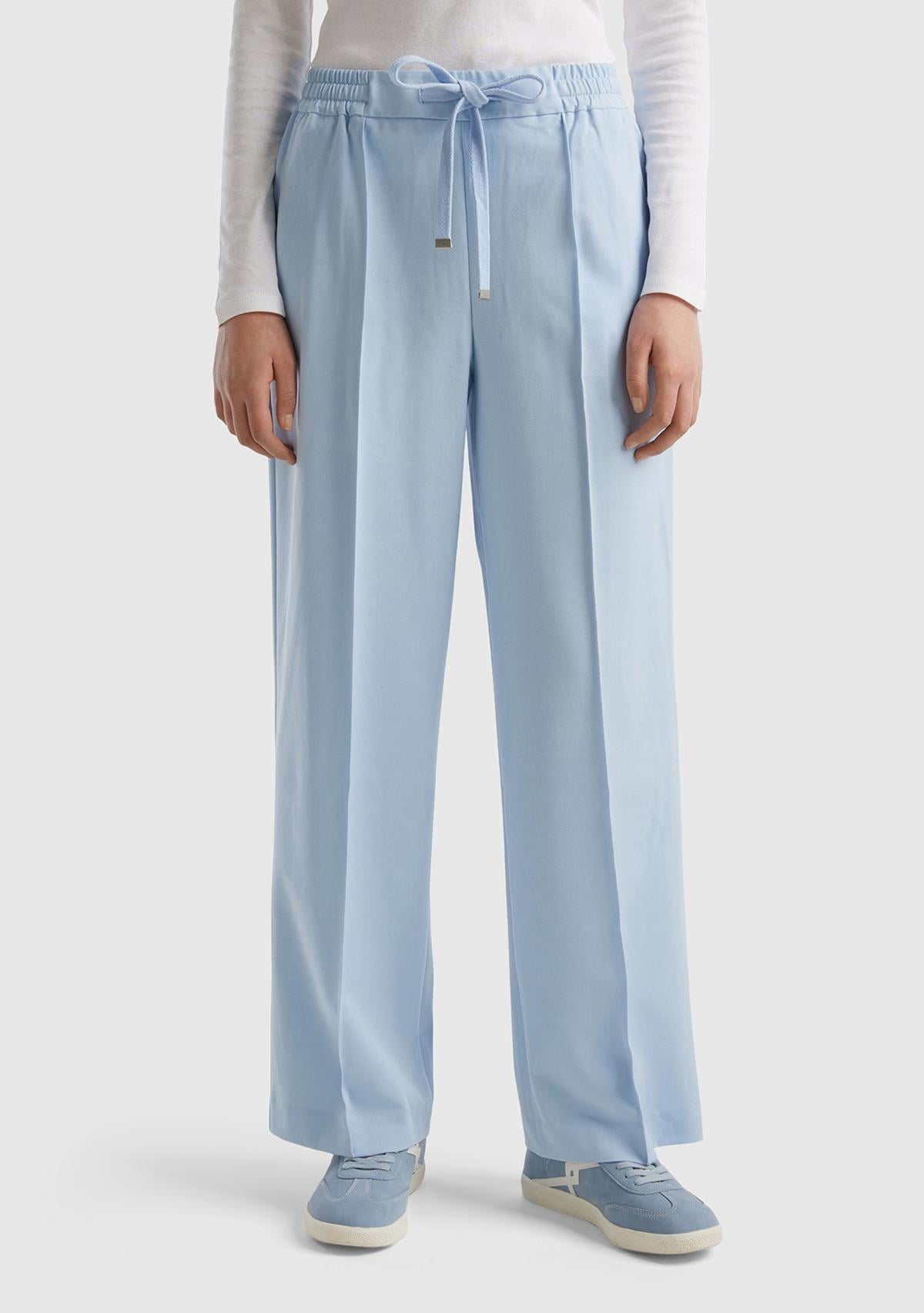 Kadın Açık Mavi Viskoz Karışımlı Önü Cepli ve Beli Büzgülü Palazzo Pantolon