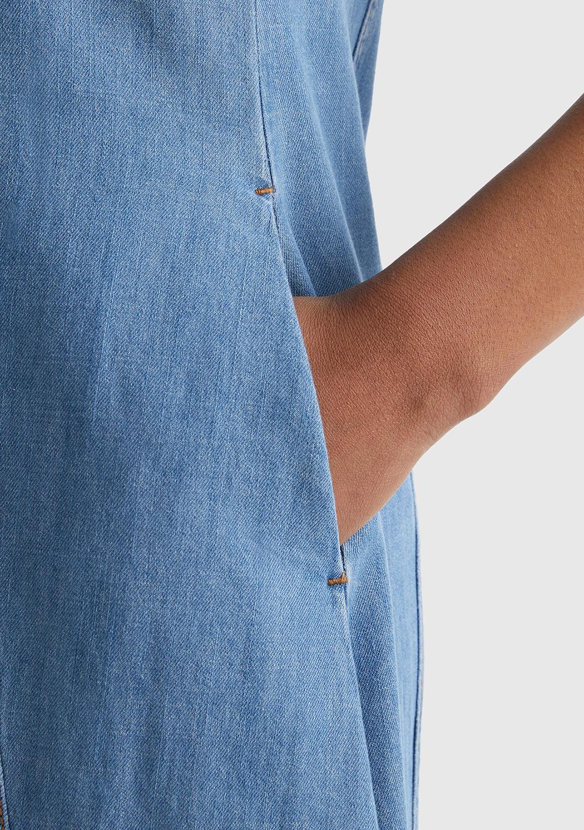 Kadın Mavi Pamuk Karışımlı Dekoratif Dikişli Fermuarlı Denim Elbise