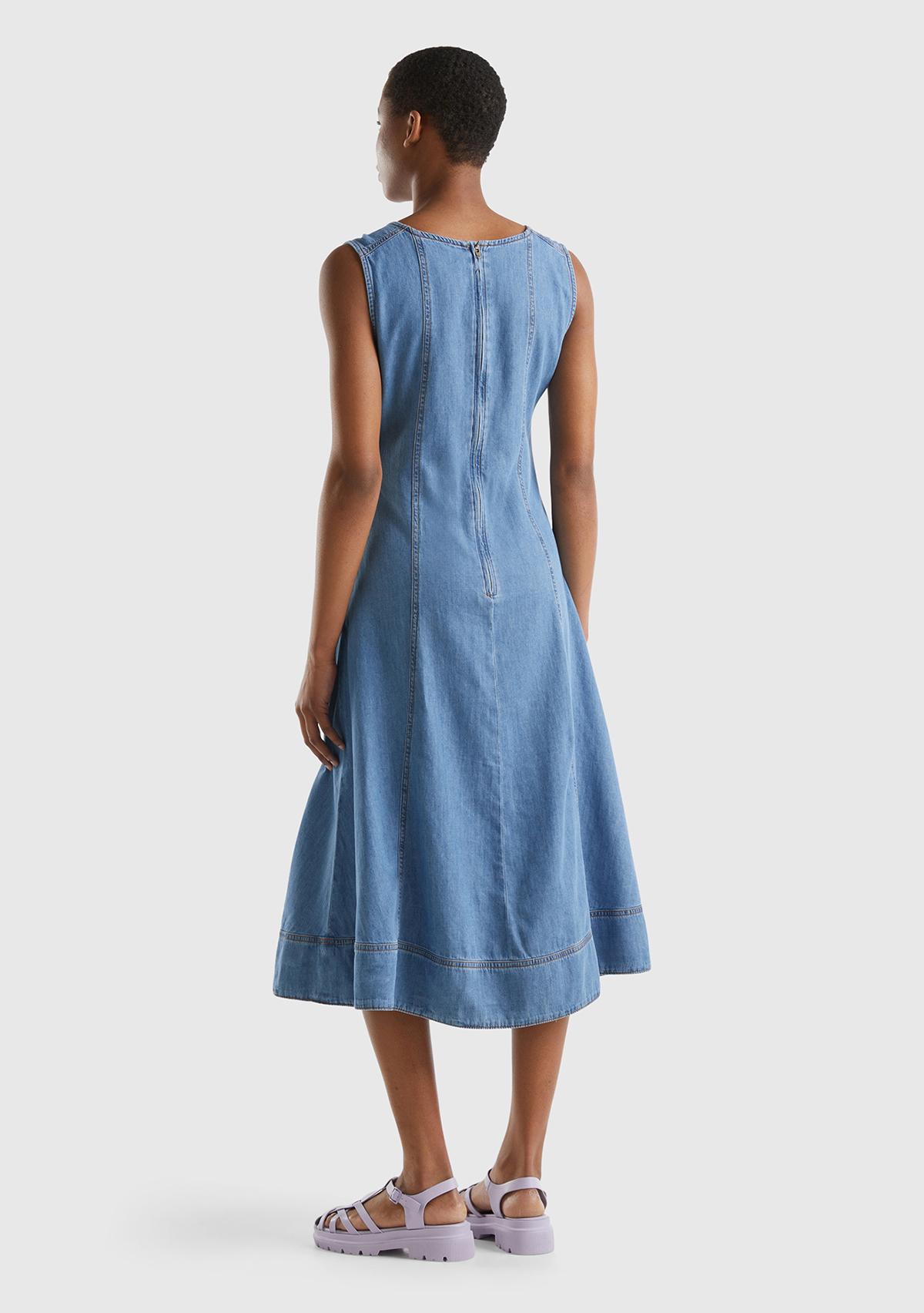 Kadın Mavi Pamuk Karışımlı Dekoratif Dikişli Fermuarlı Denim Elbise