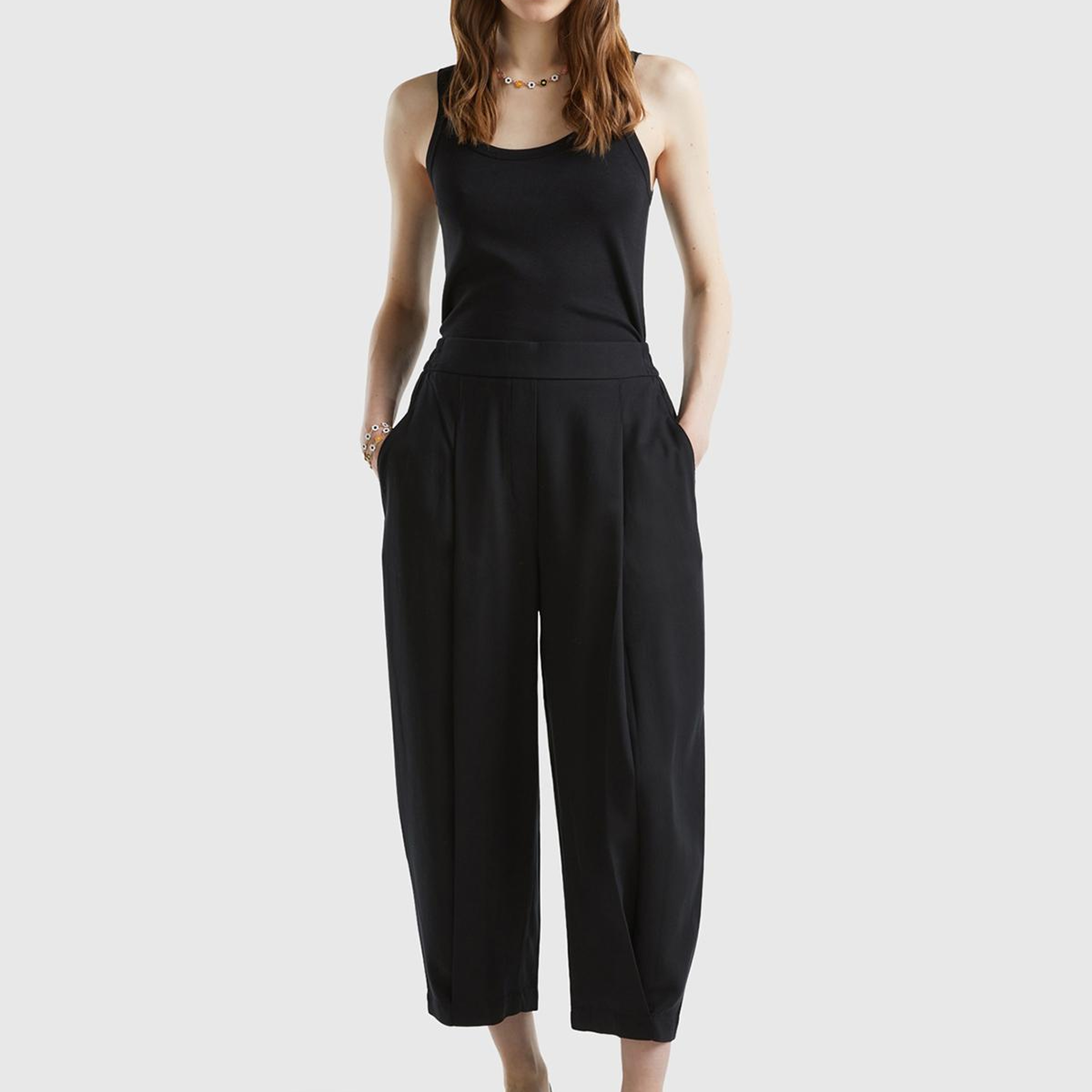 Kadın Siyah %100 Liyosel Bol Kesim Beli Lastikli Pantolon