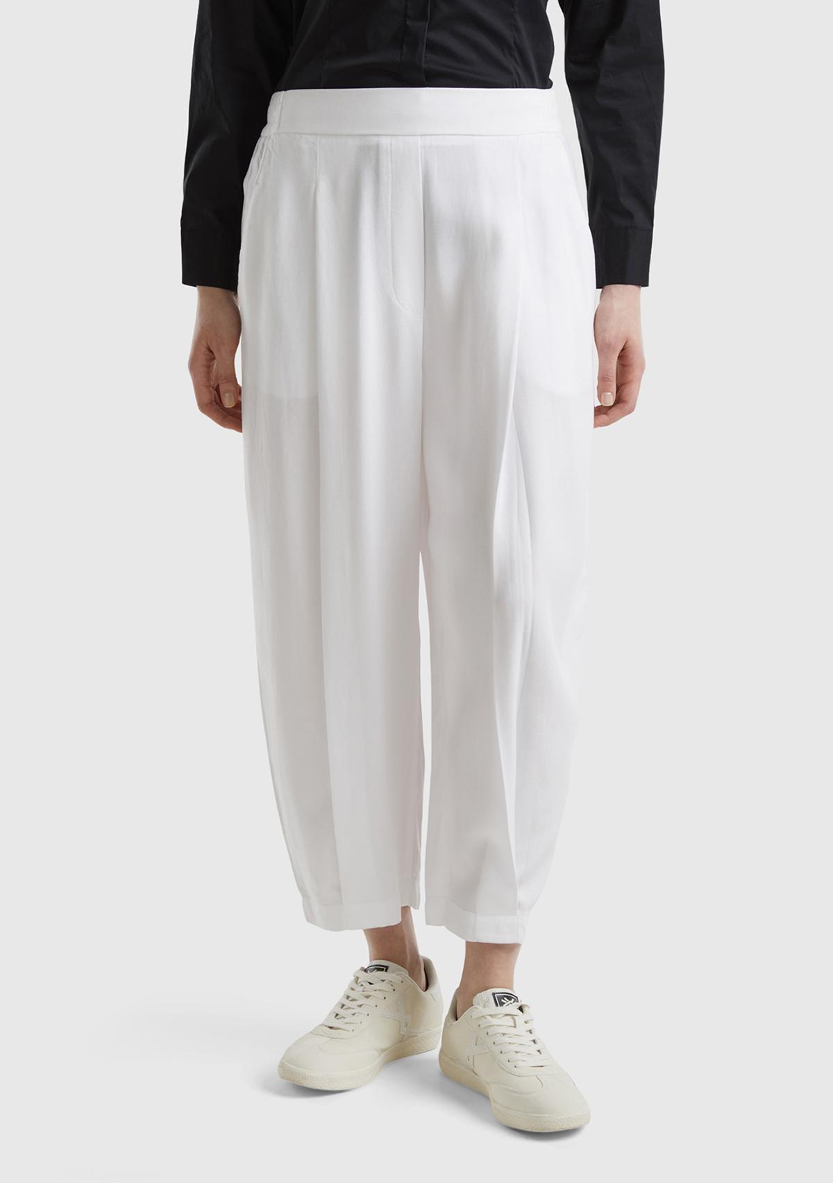 Kadın Beyaz %100 Liyosel Bol Kesim Beli Lastikli Pantolon