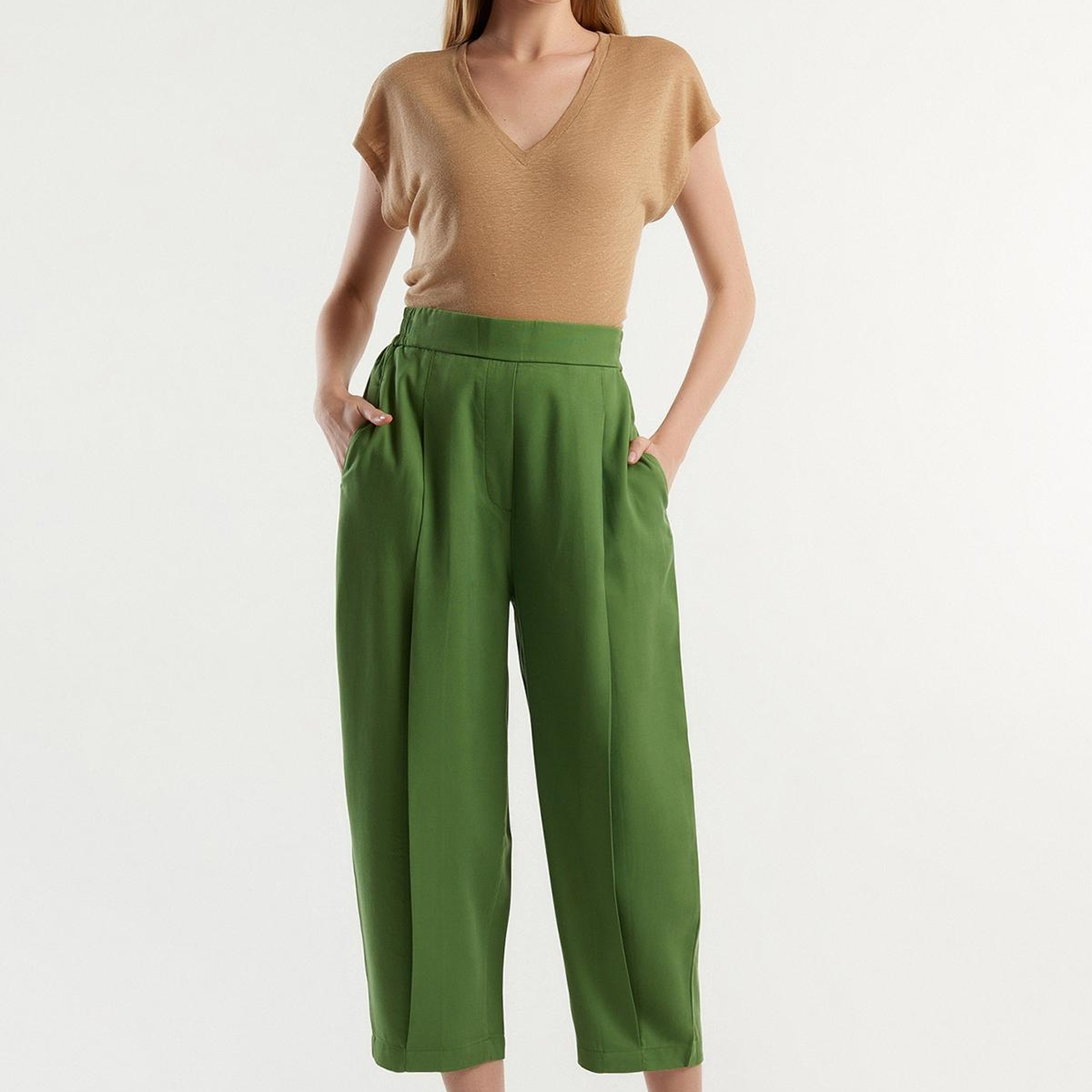 Kadın Soluk Yeşil %100 Liyosel Bol Kesim Beli Lastikli Pantolon